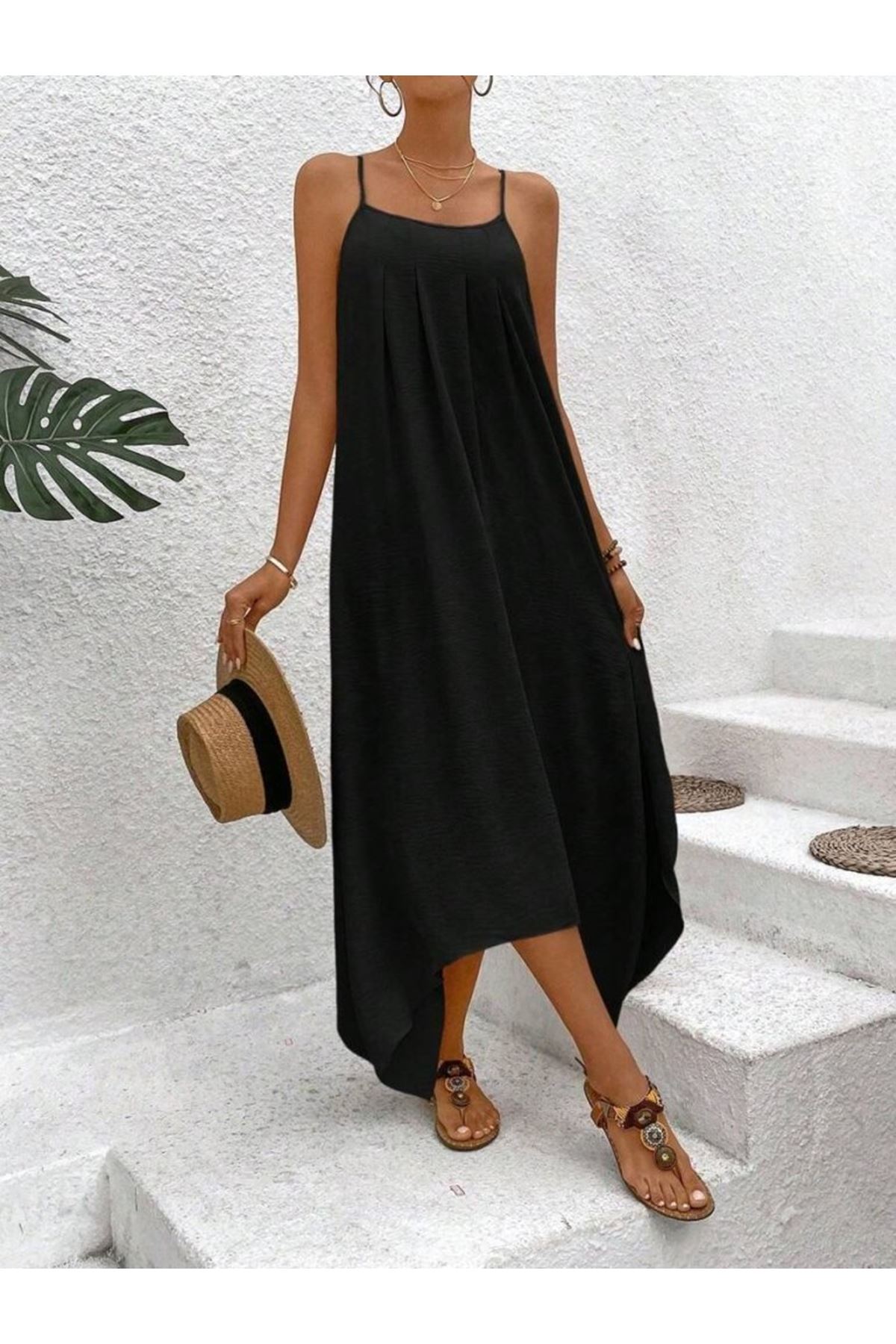 Kadın Ip Askılı V Yakalı Asimetrik Detaylı Aerobin Elbise