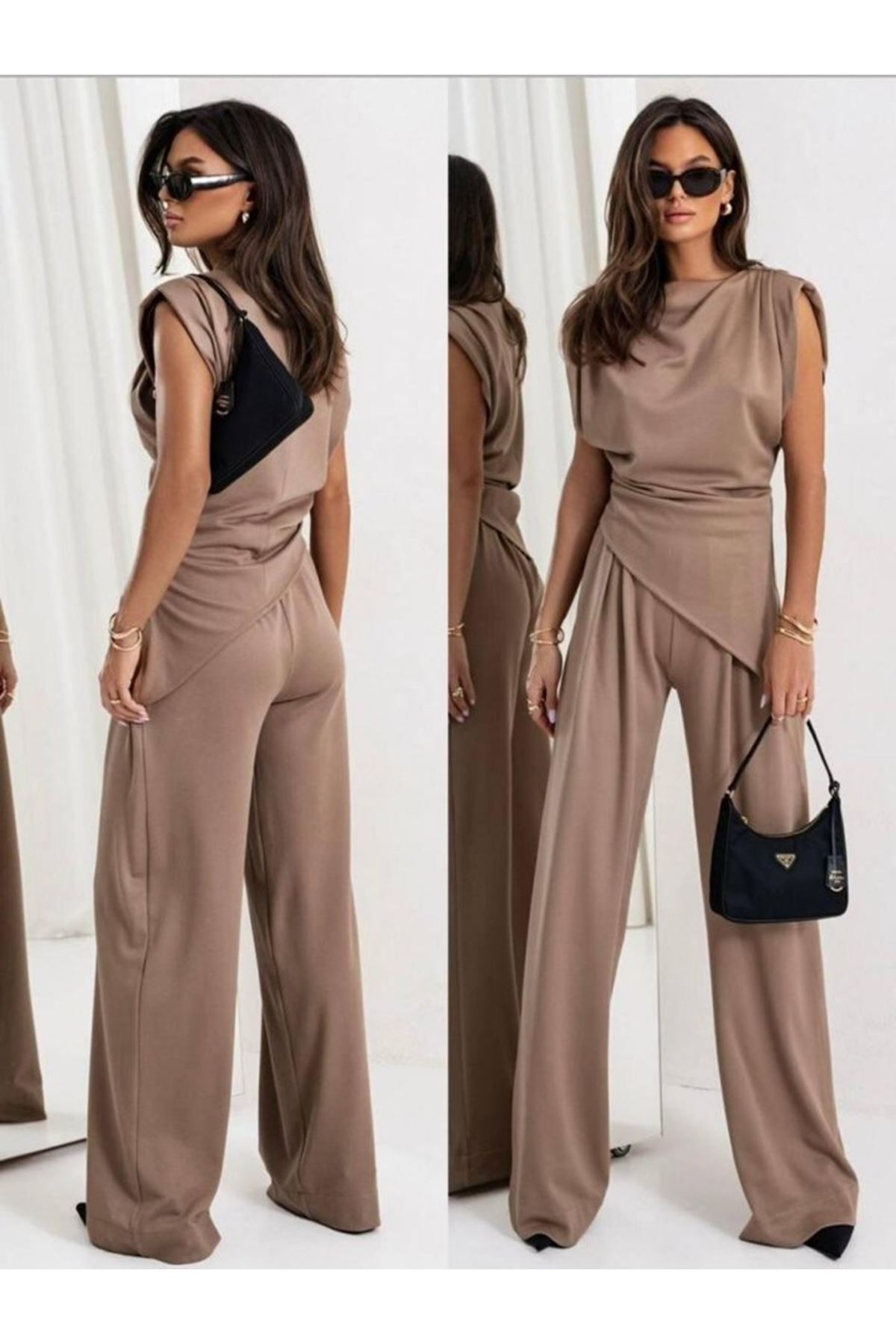 Kadın Dalgıç Kumaş Sıfır Kol Bluz Ve Bol Kesim Pantolon Ikili Takım