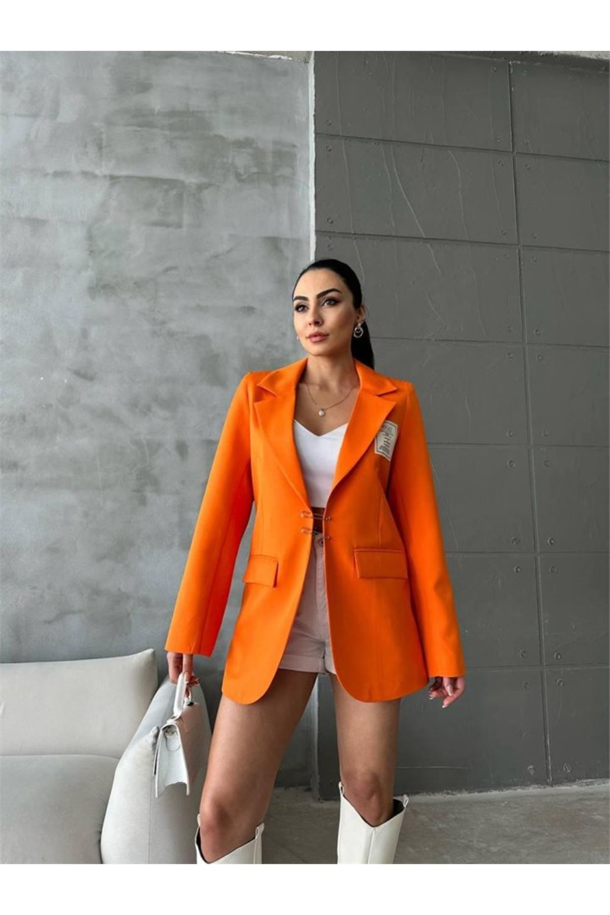 ELLO ETİKETLİ ÇENGELLİ İĞNE DETAYLI CEKET - Orange