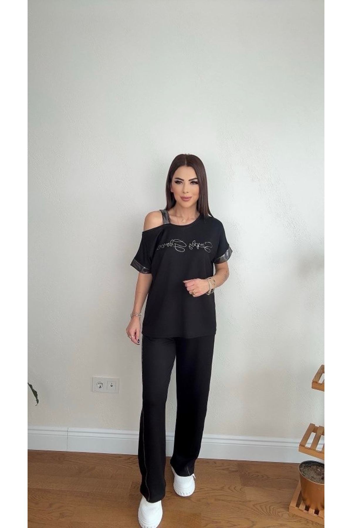 Kadın Kumaş Omuz Dekolteli Siyah Takım