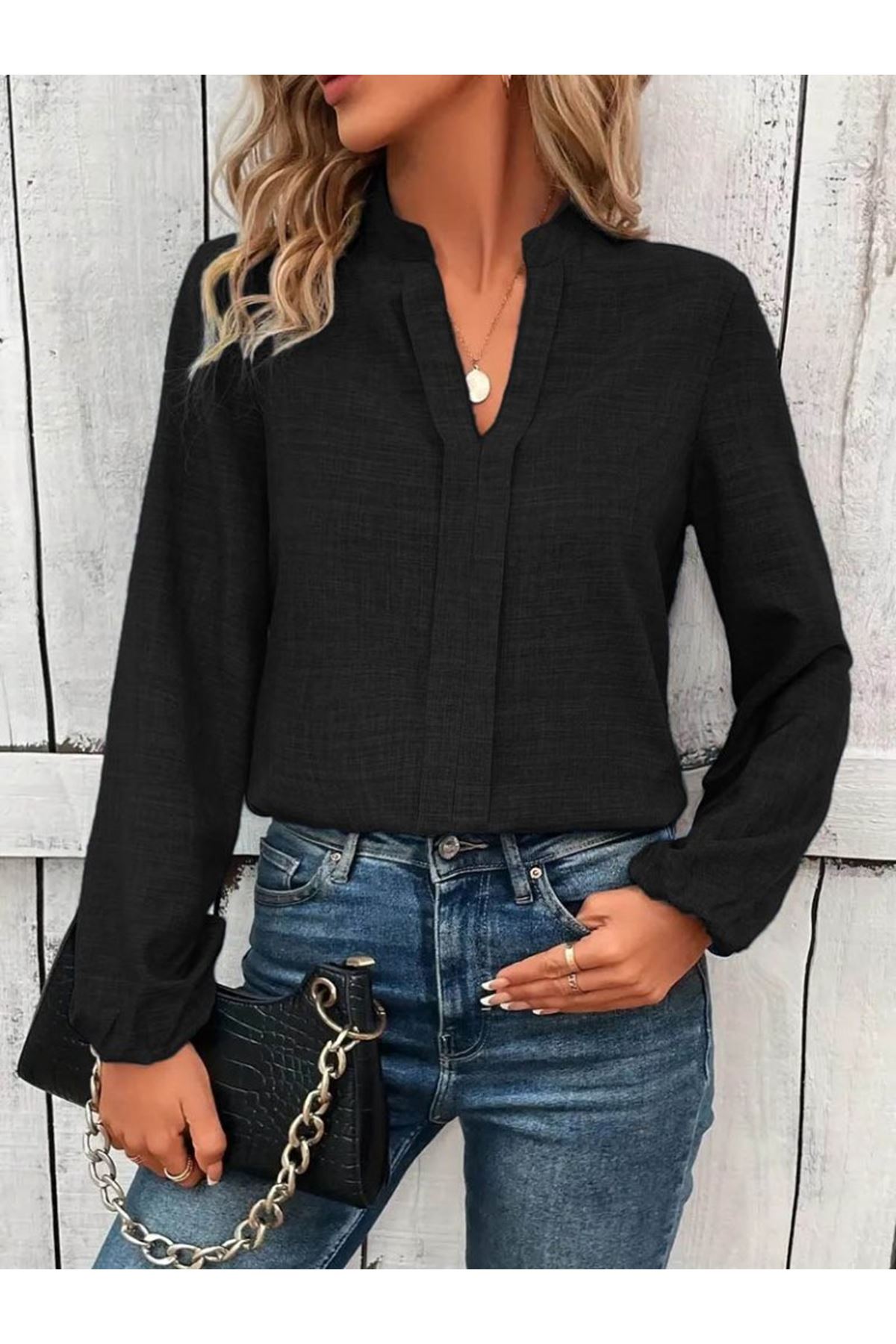 Kadın Uzun Kollu Hakim Yaka Bluz