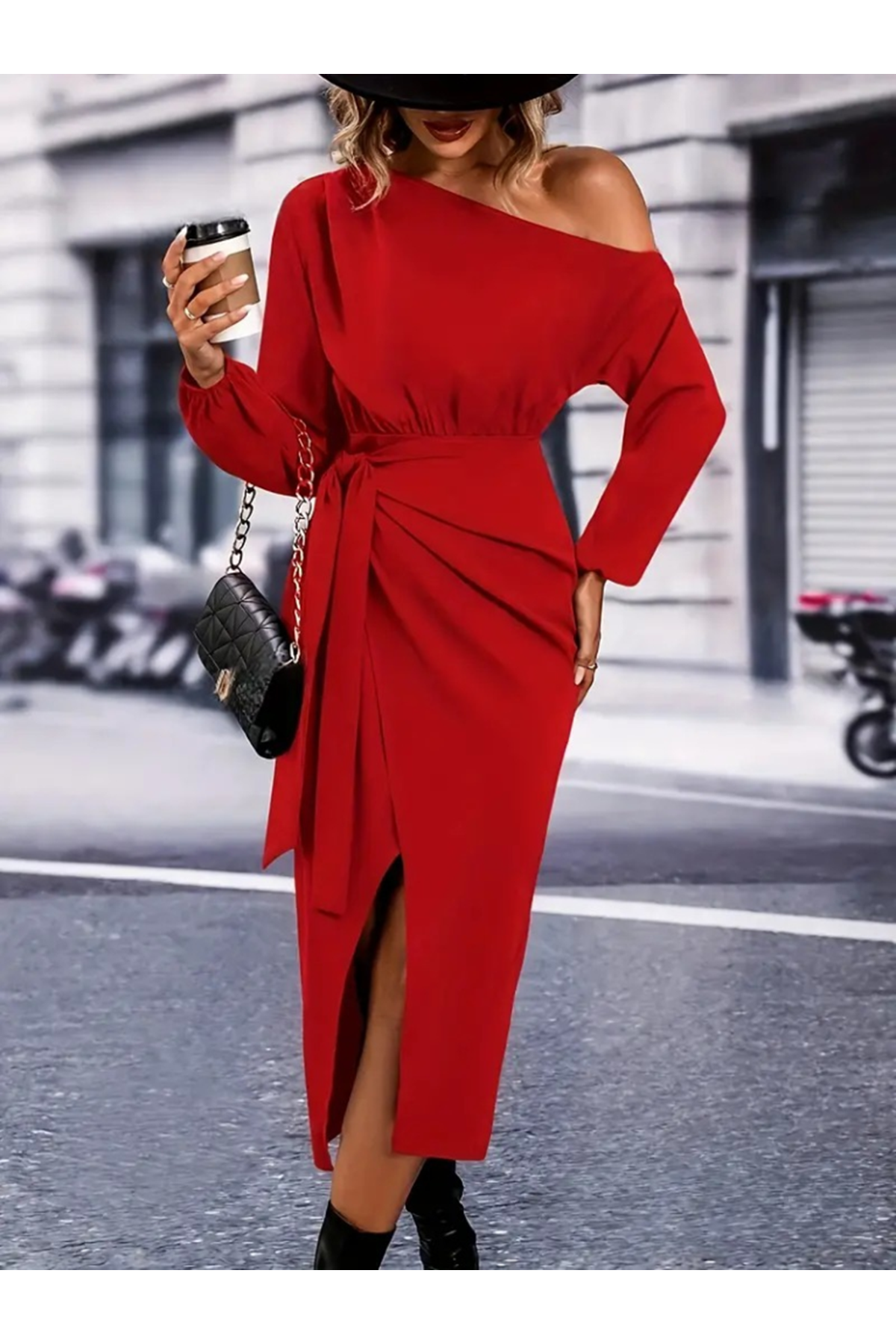Kadın Uzun Kollu Tek Omuzu Açık Belden Kuşaklı önden çapraz Detaylı Krep Elbise