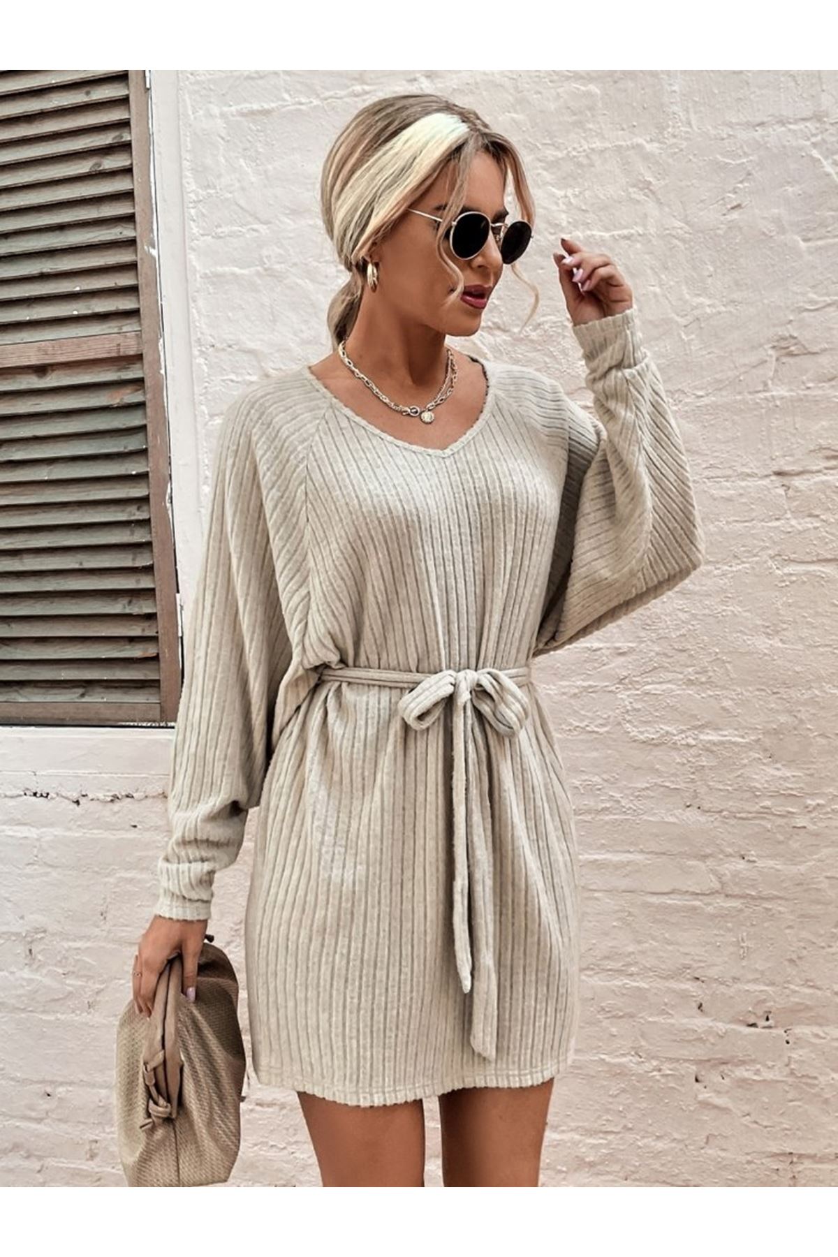 Kadın Uzun Kollu Fitilli şardonlu Detay Buklet Kuşaklı Yumoş Elbise