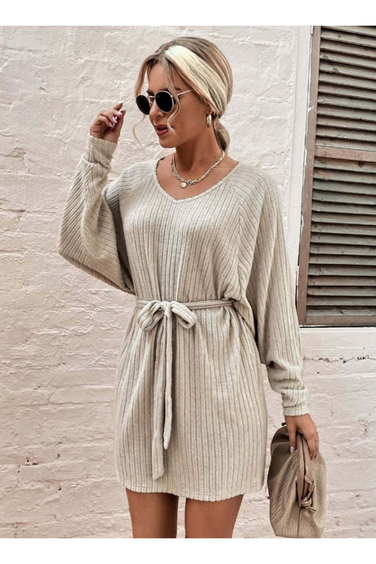 Kadın Uzun Kollu Fitilli şardonlu Detay Buklet Kuşaklı Yumoş Elbise