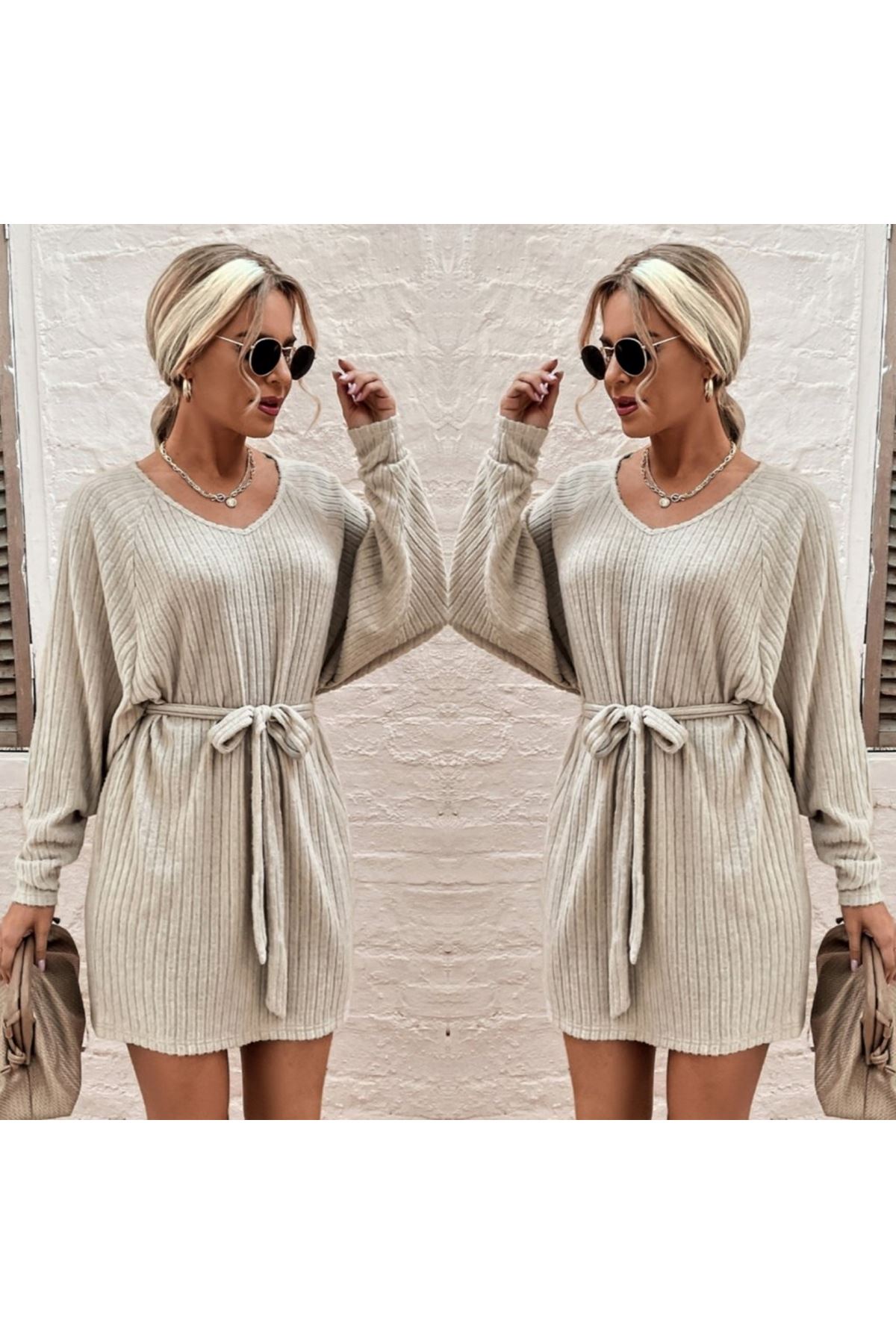 Kadın Uzun Kollu Fitilli şardonlu Detay Buklet Kuşaklı Yumoş Elbise