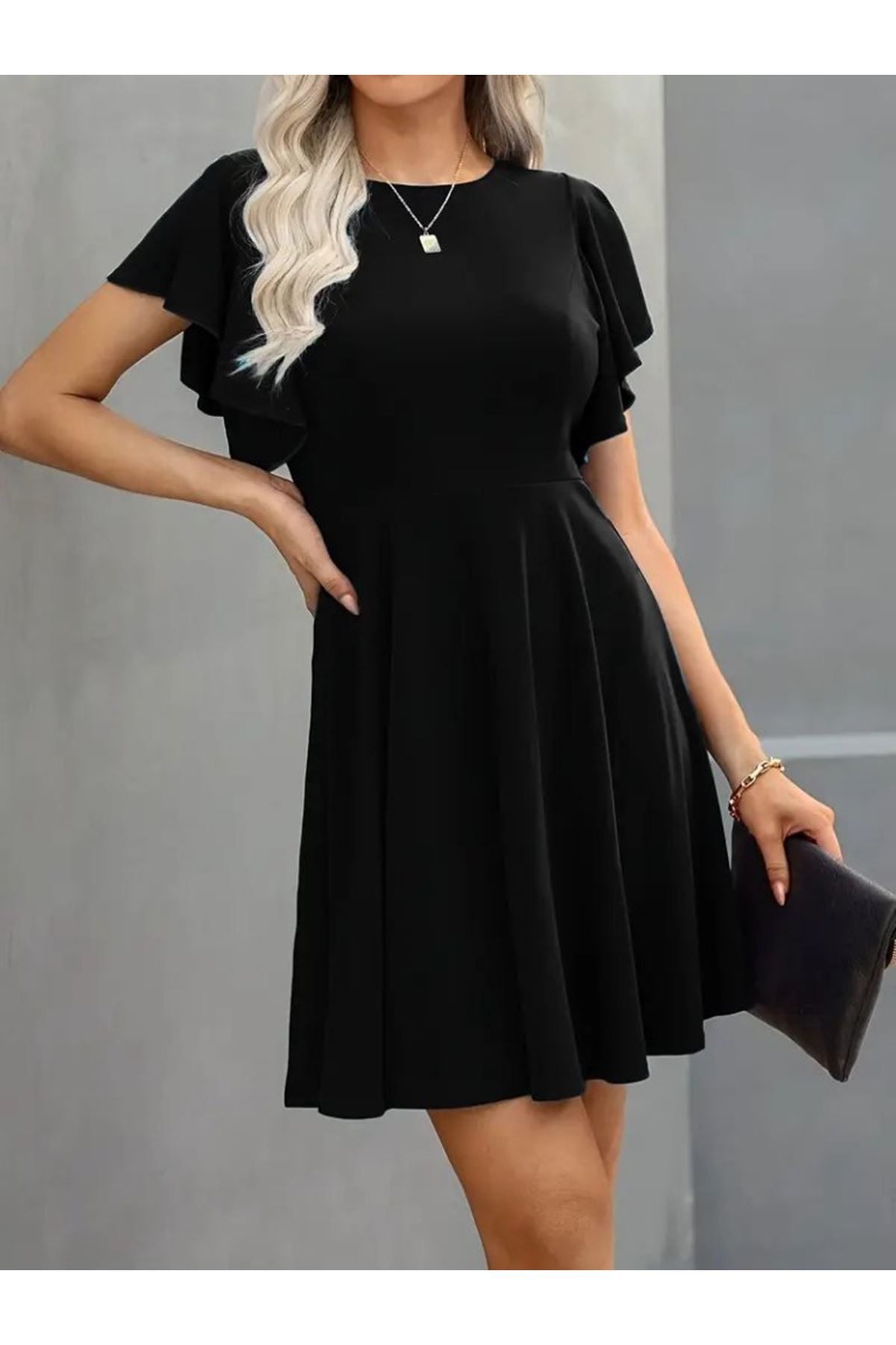 Kadın Kısa Kelebek Kollu Bisiklet Yaka Janjan Krep Elbise