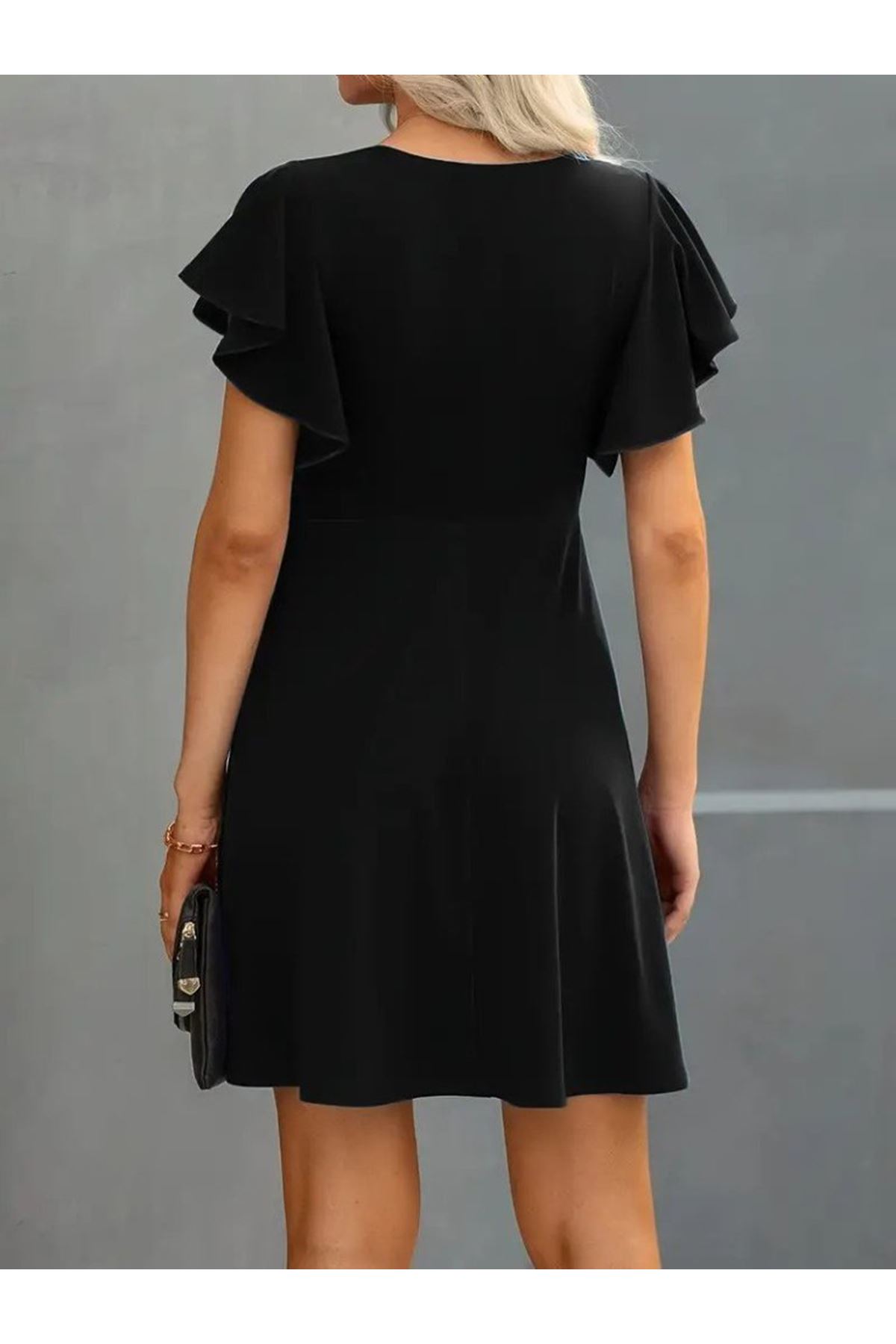 Kadın Kısa Kelebek Kollu Bisiklet Yaka Janjan Krep Elbise