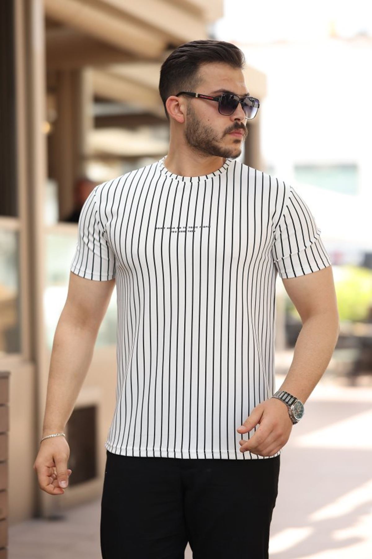 Erkek Dikey çizgili Ottoman Kumaş Kısa Kollu T-shirt