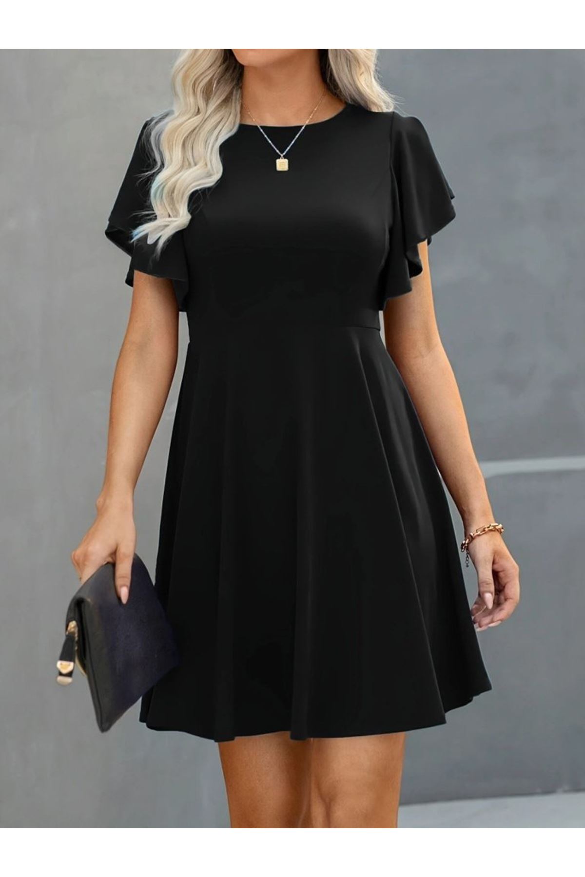 Kadın Kısa Kelebek Kollu Bisiklet Yaka Janjan Krep Elbise