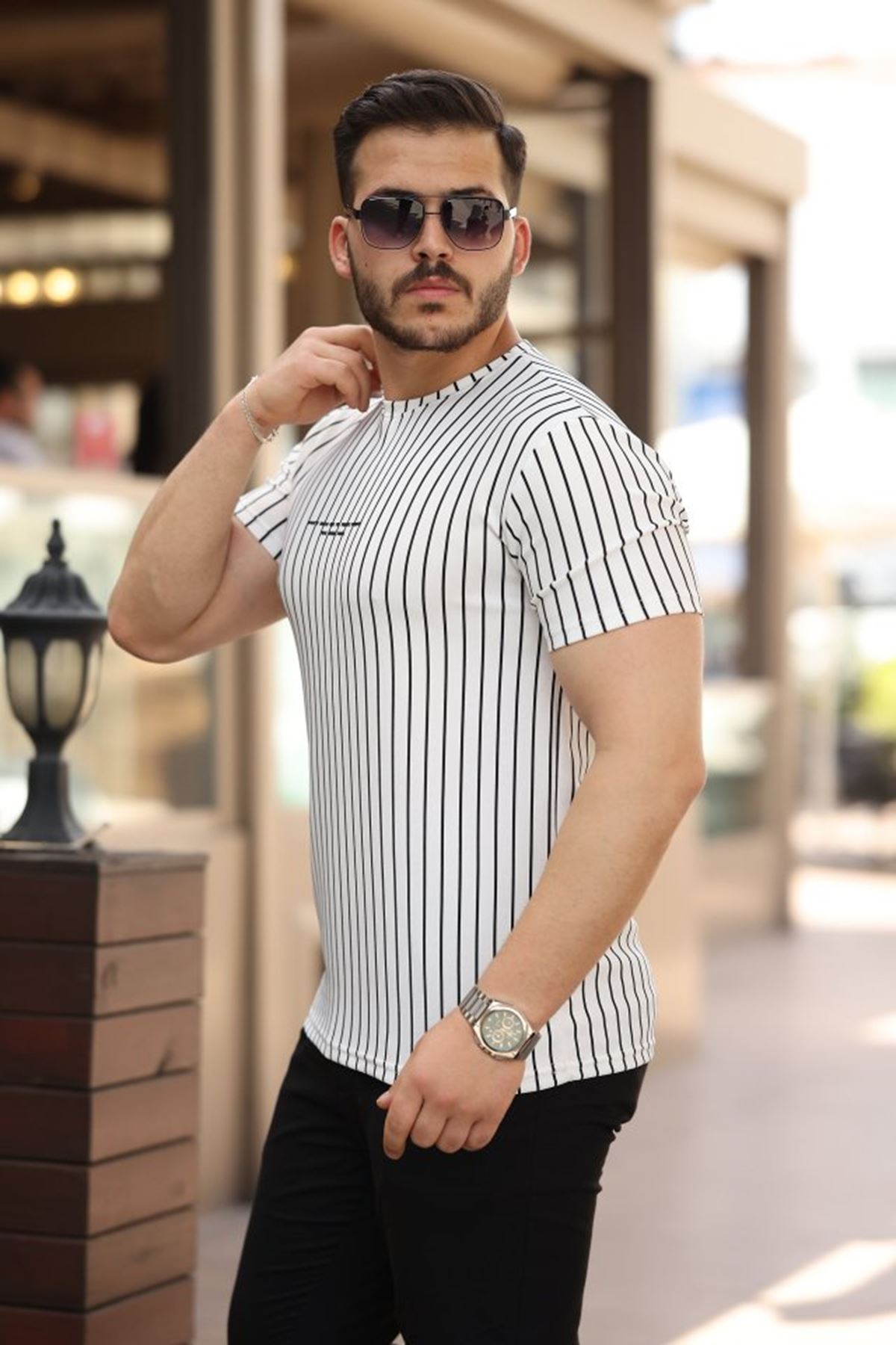 Erkek Dikey çizgili Ottoman Kumaş Kısa Kollu T-shirt