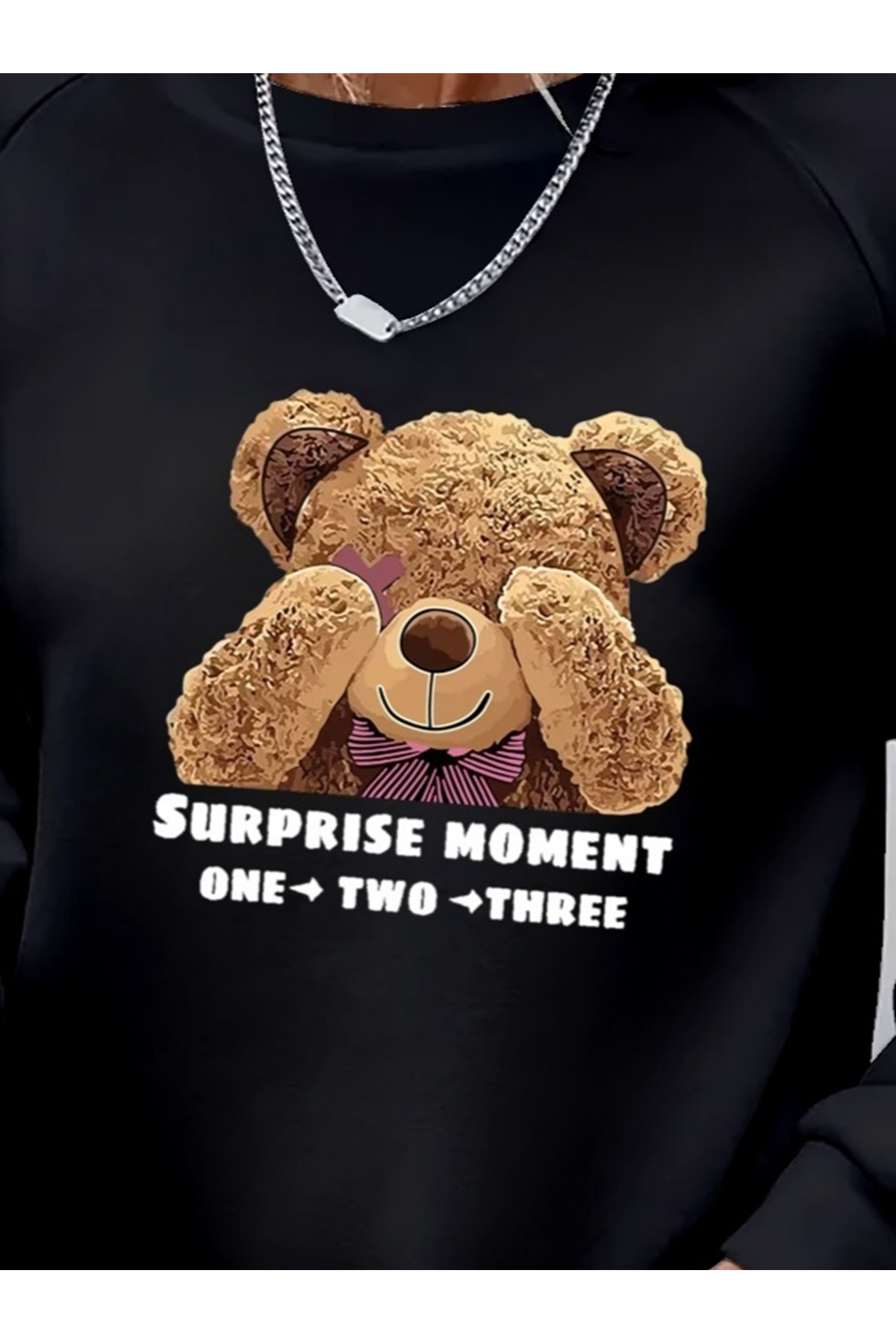 Kadın Uzun Kollu Bisiklet Yaka Ayıcık Desenli Viskon Iki Iplik Bluz