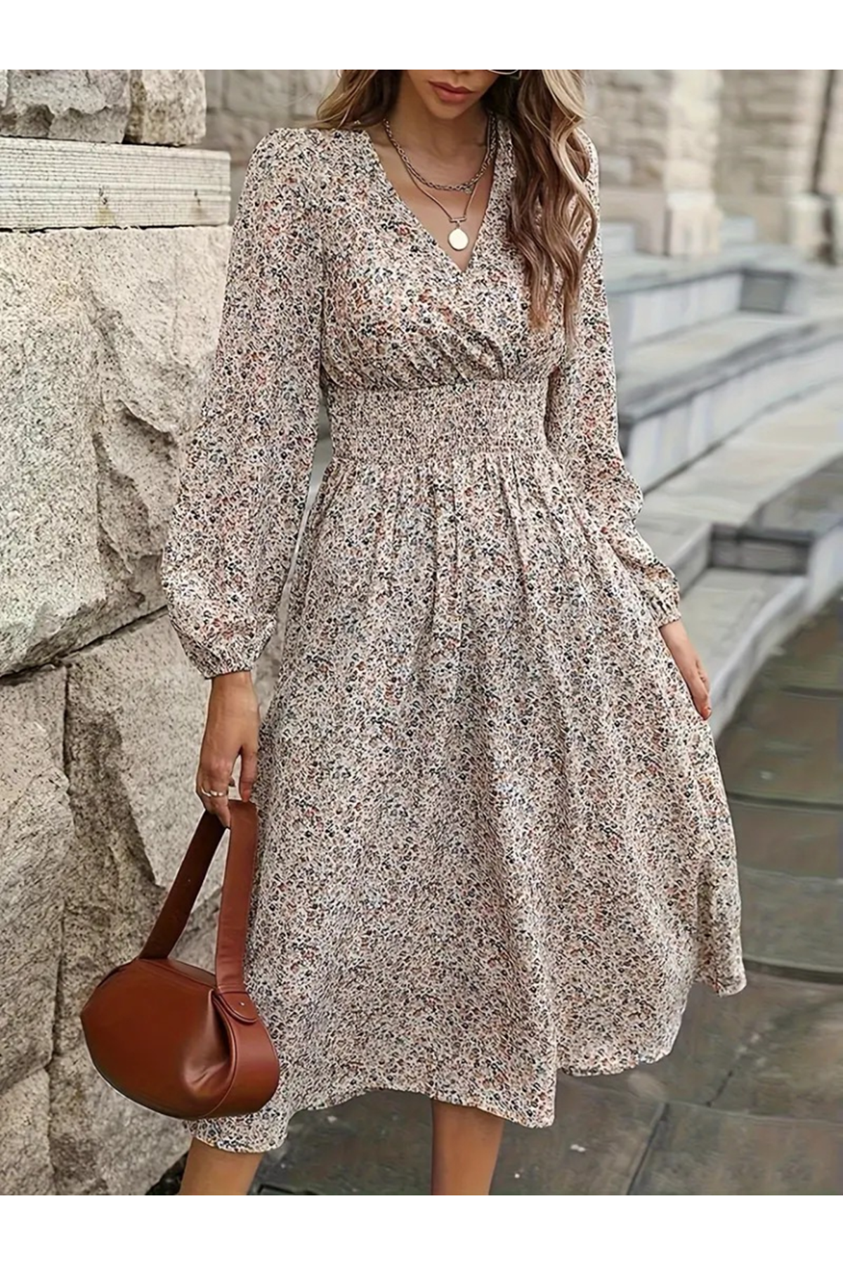 Kadın Uzun Kollu Kruvaze Yaka Beli Lastikli Kiloş Desenli Midi Süprem Elbise