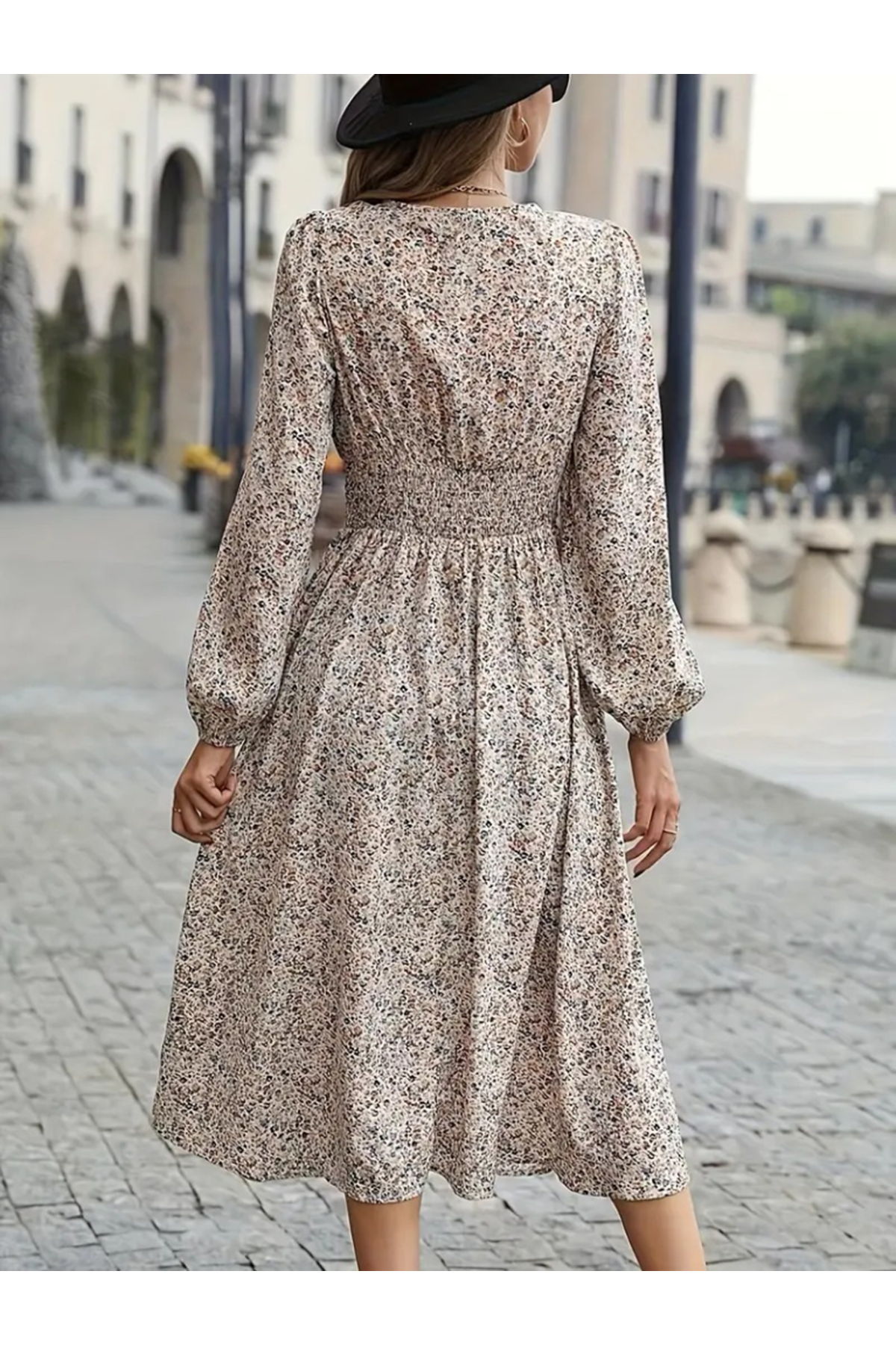 Kadın Uzun Kollu Kruvaze Yaka Beli Lastikli Kiloş Desenli Midi Süprem Elbise