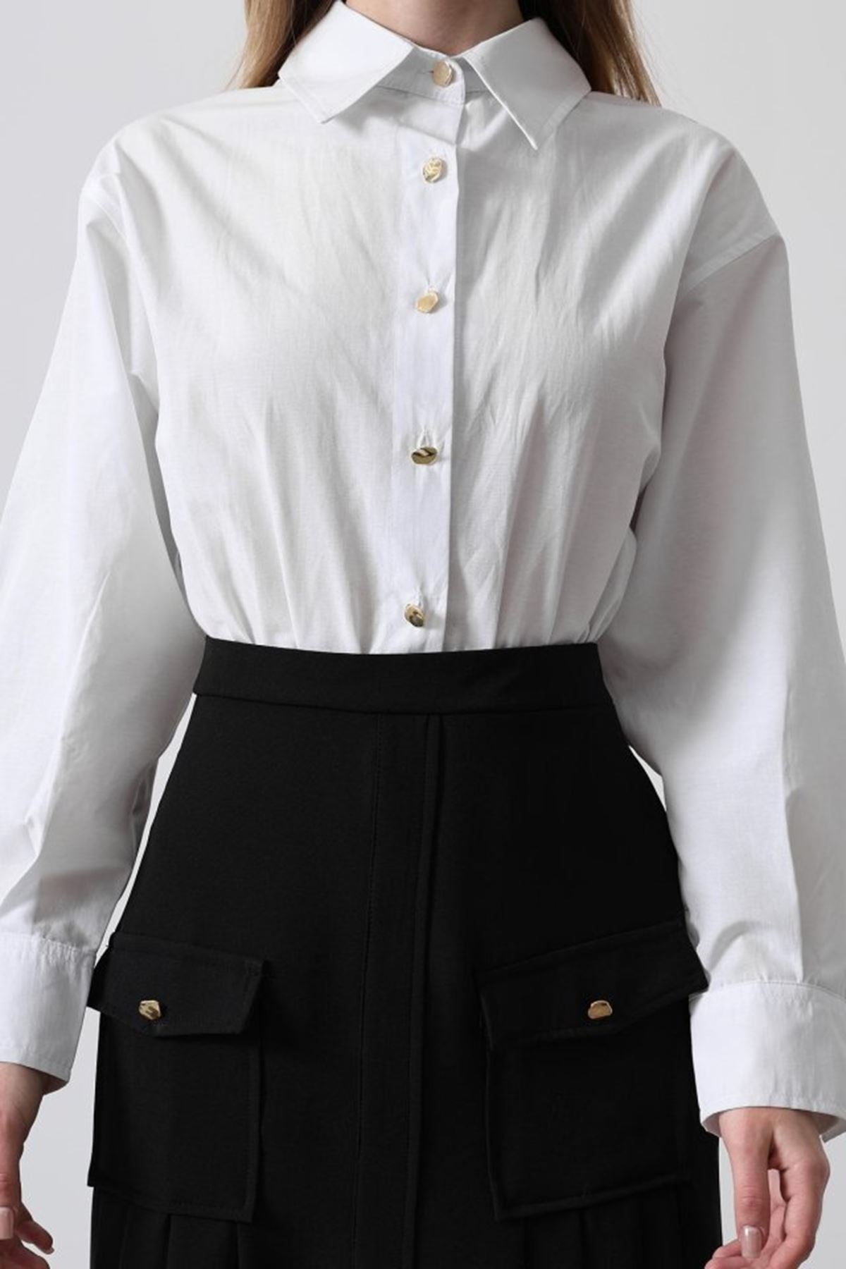 Pileli Kontrast Gömlek Elbise - Beyaz