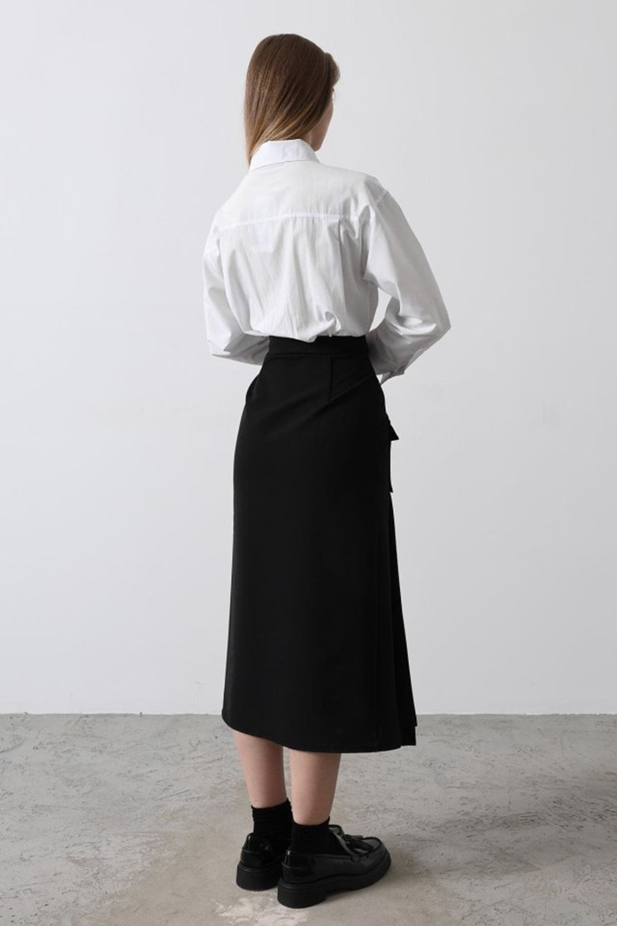 Pileli Kontrast Gömlek Elbise - Beyaz