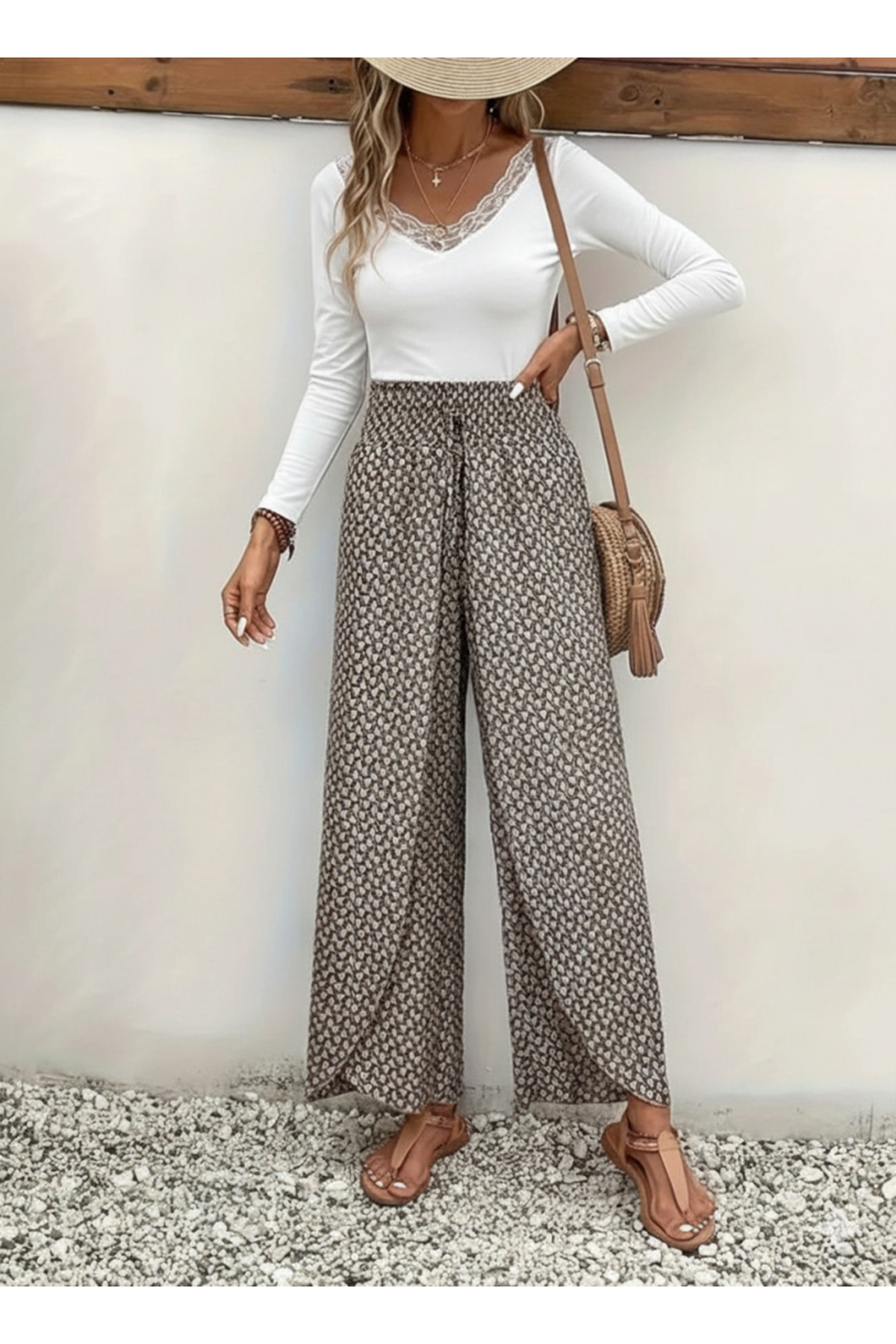 Kadın Yüksek Bel Lastikli önden Iki Parçalı Desenli Bürümcük Pantolon