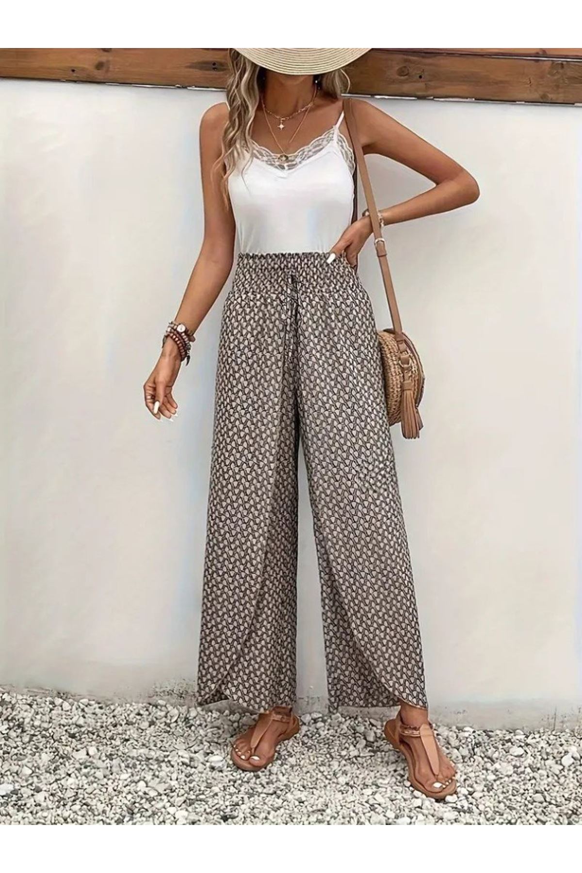 Kadın Yüksek Bel Lastikli önden Iki Parçalı Desenli Bürümcük Pantolon