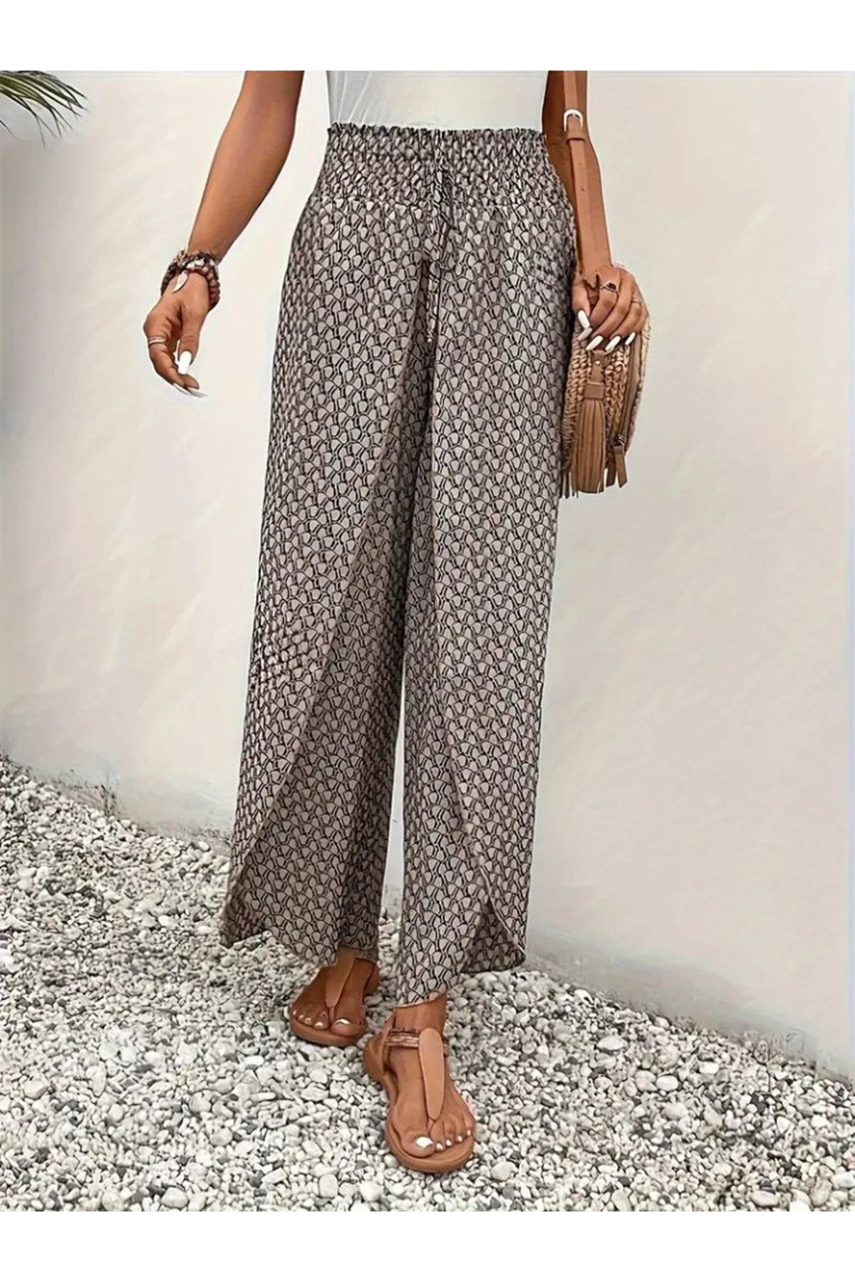 Kadın Yüksek Bel Lastikli önden Iki Parçalı Desenli Bürümcük Pantolon