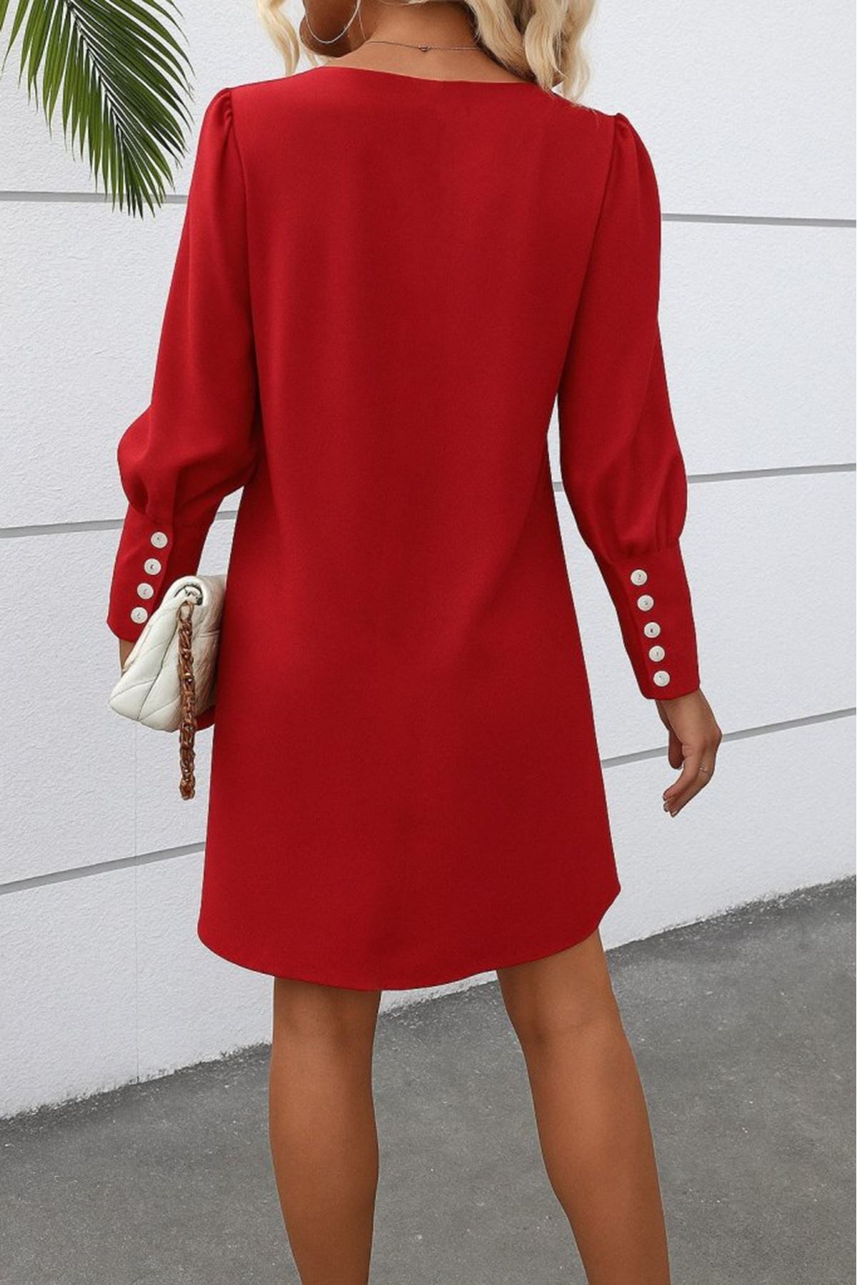 Kadın Uzun Kollu V Yakalı Kısa Ithal Krep Elbise