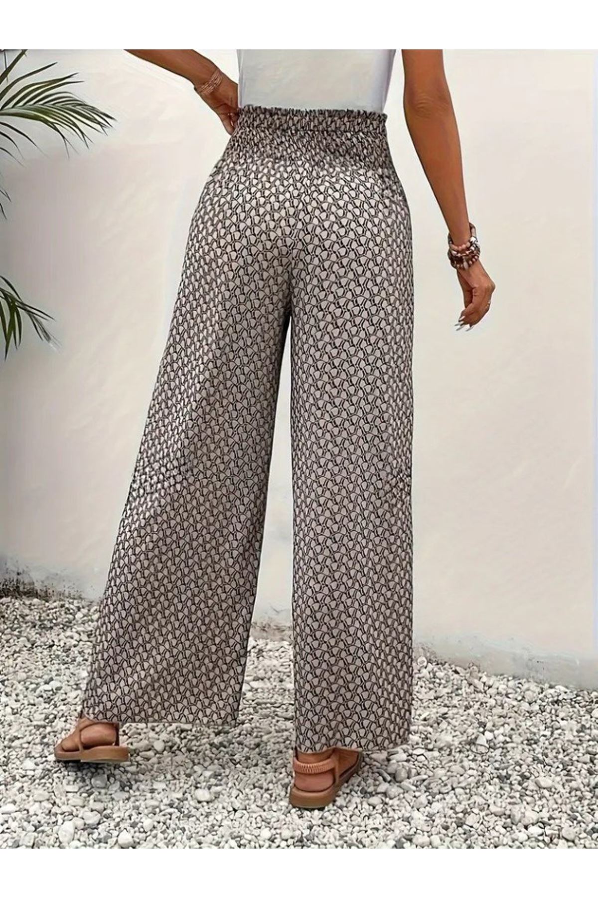 Kadın Yüksek Bel Lastikli önden Iki Parçalı Desenli Bürümcük Pantolon