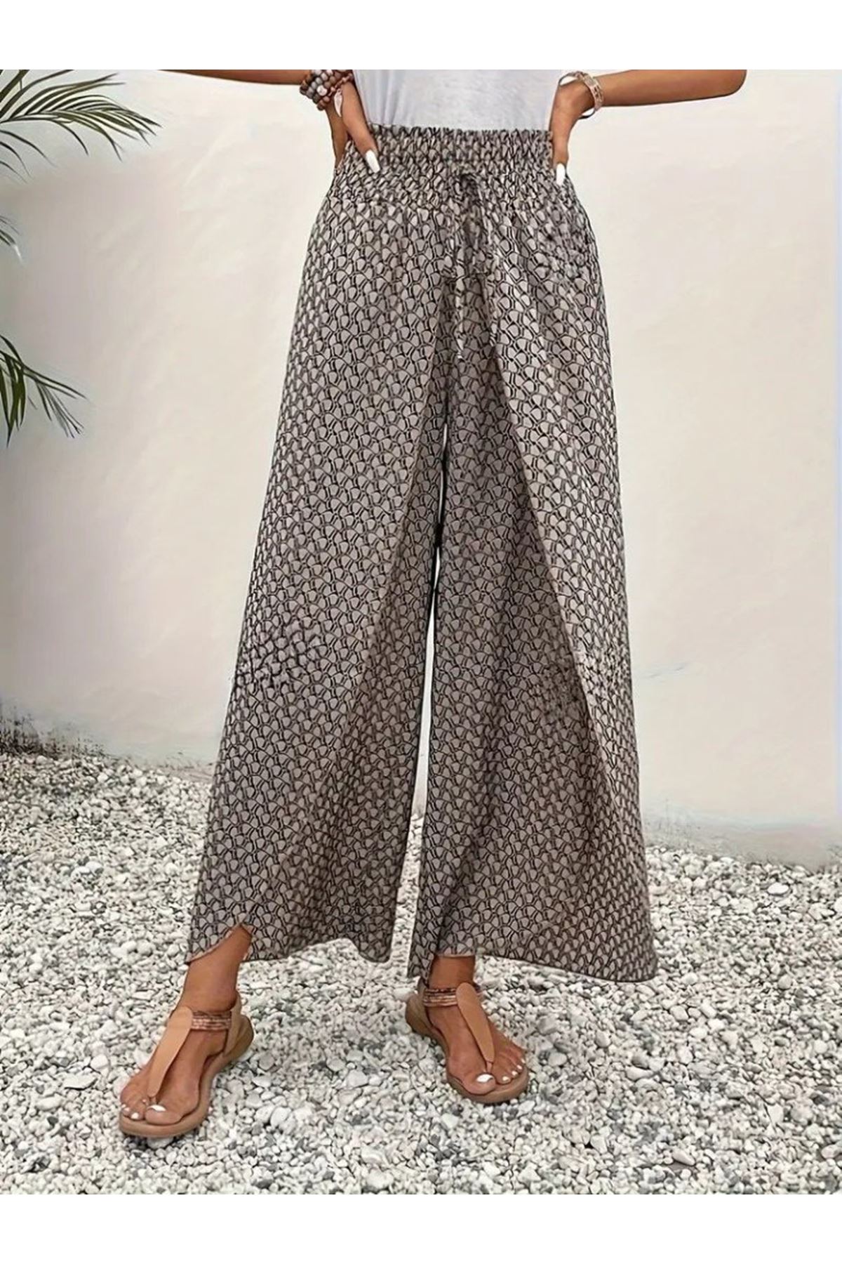 Kadın Yüksek Bel Lastikli önden Iki Parçalı Desenli Bürümcük Pantolon