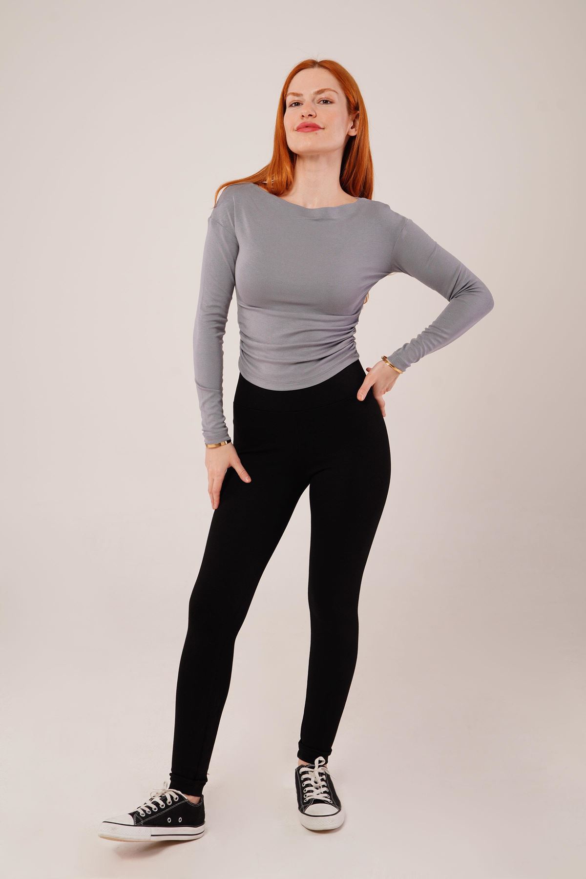 Yaka Detay Uzun Kollu Basic Gri Bluz