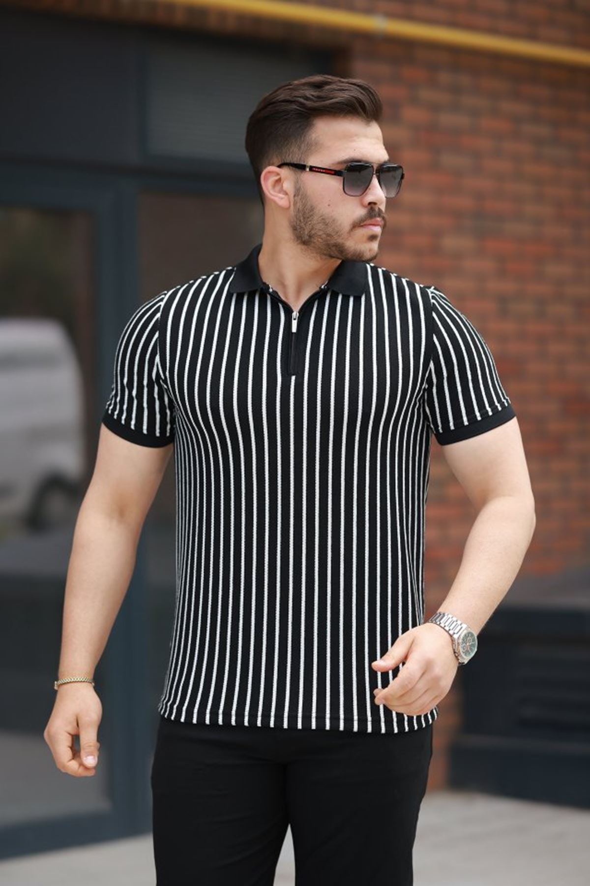 Erkek çizgili Fermuar Yakalı Kısa Kollu Tişört