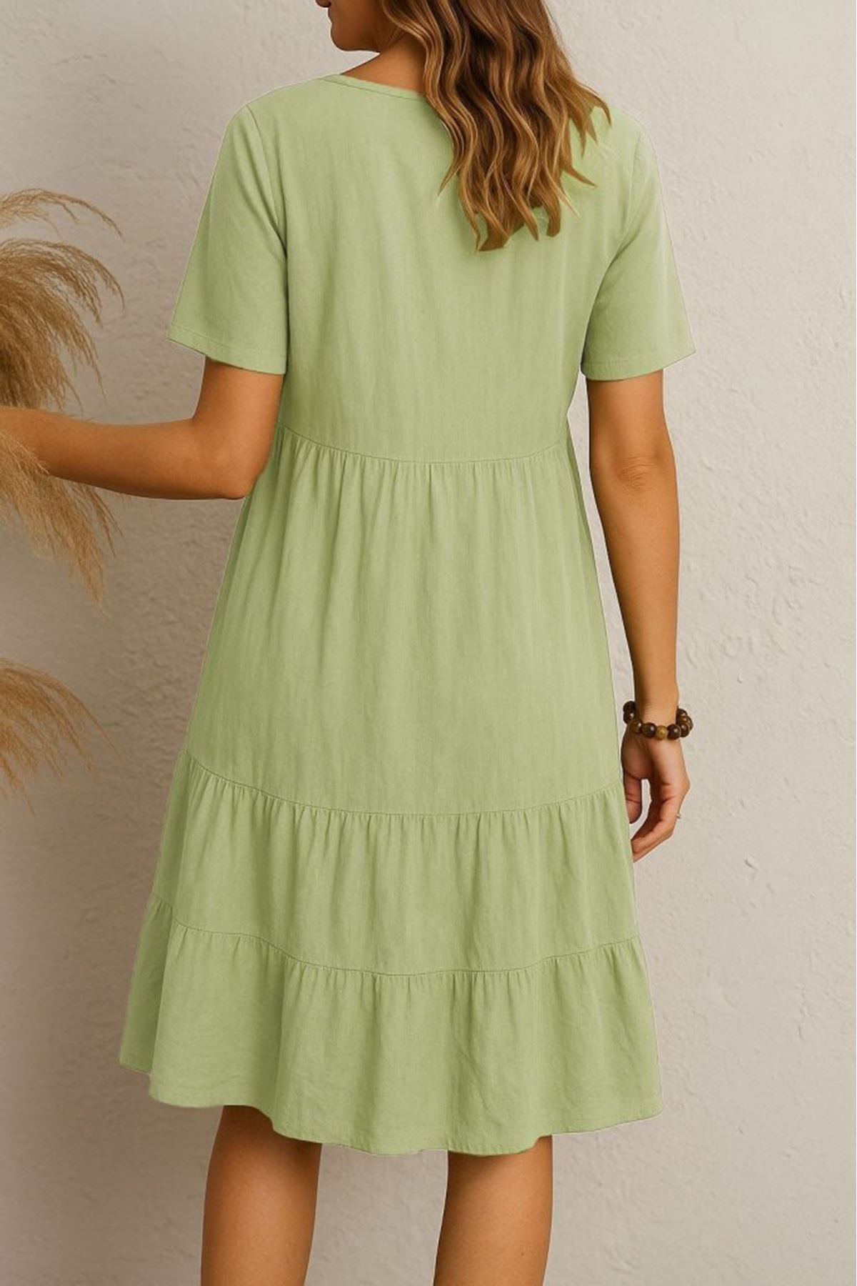 Kadın Kısa Kollu V Yakalı Fırfırlı Bürümcük Elbise