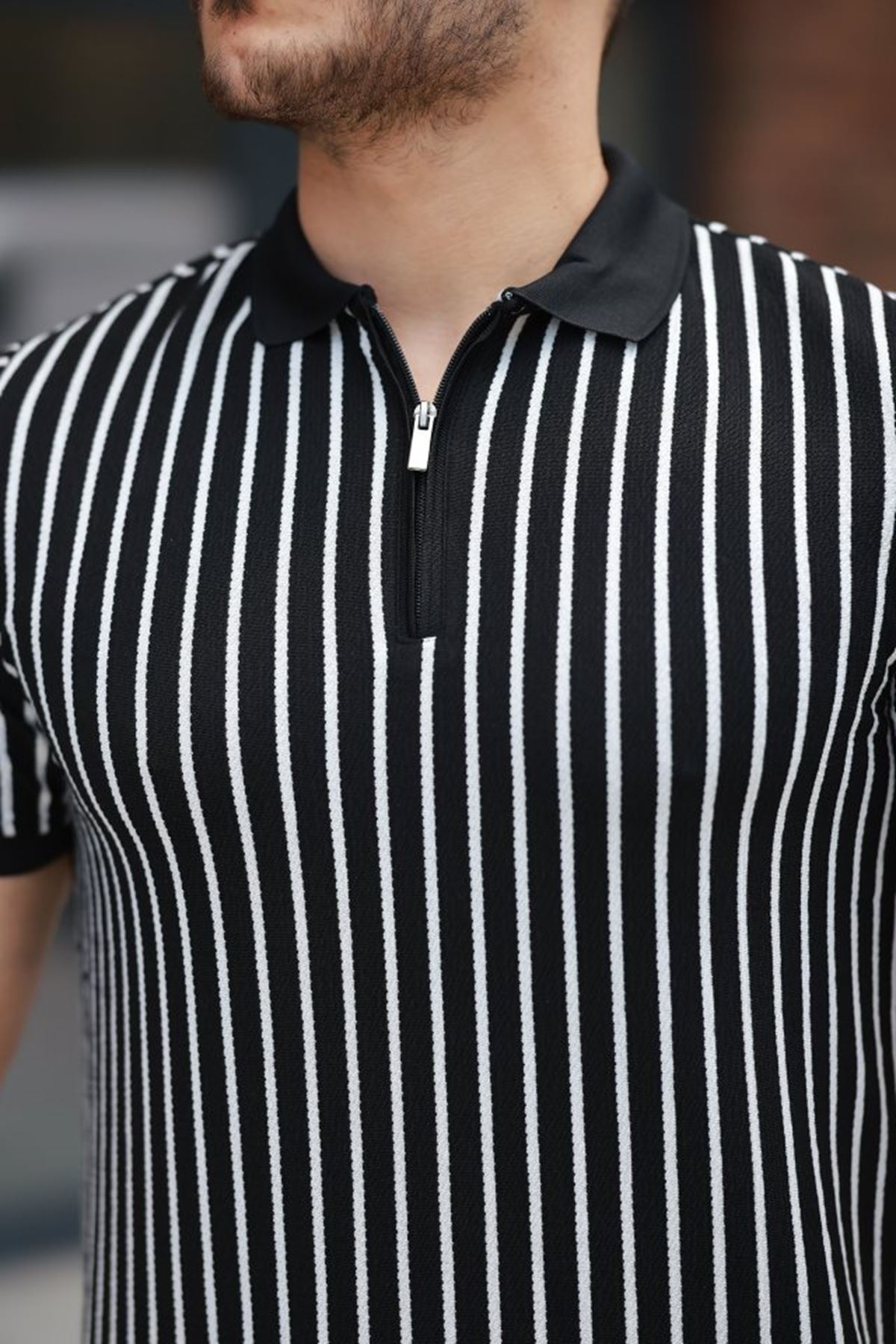 Erkek çizgili Fermuar Yakalı Kısa Kollu Tişört