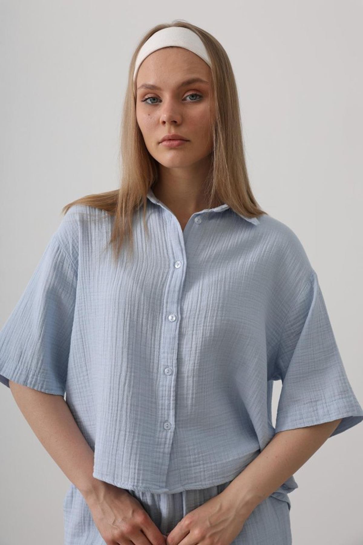 Yarım Kol Müslin Gömlek - Bebe Mavisi