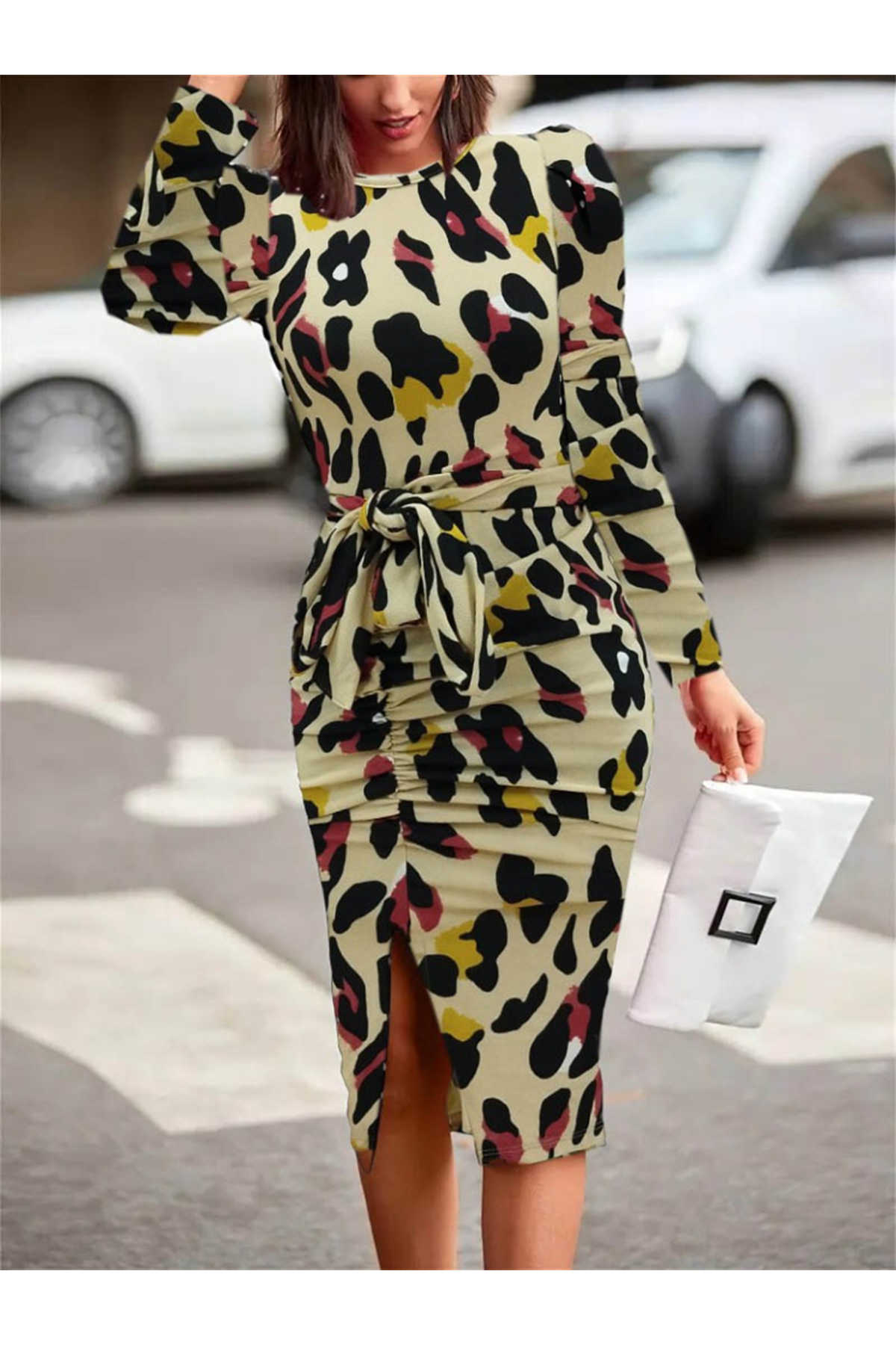 Kadın Uzun Kollu Yuvarlak Yaka Belden Kuşaklı önden Yırtmaçlı örme Krep Elbise