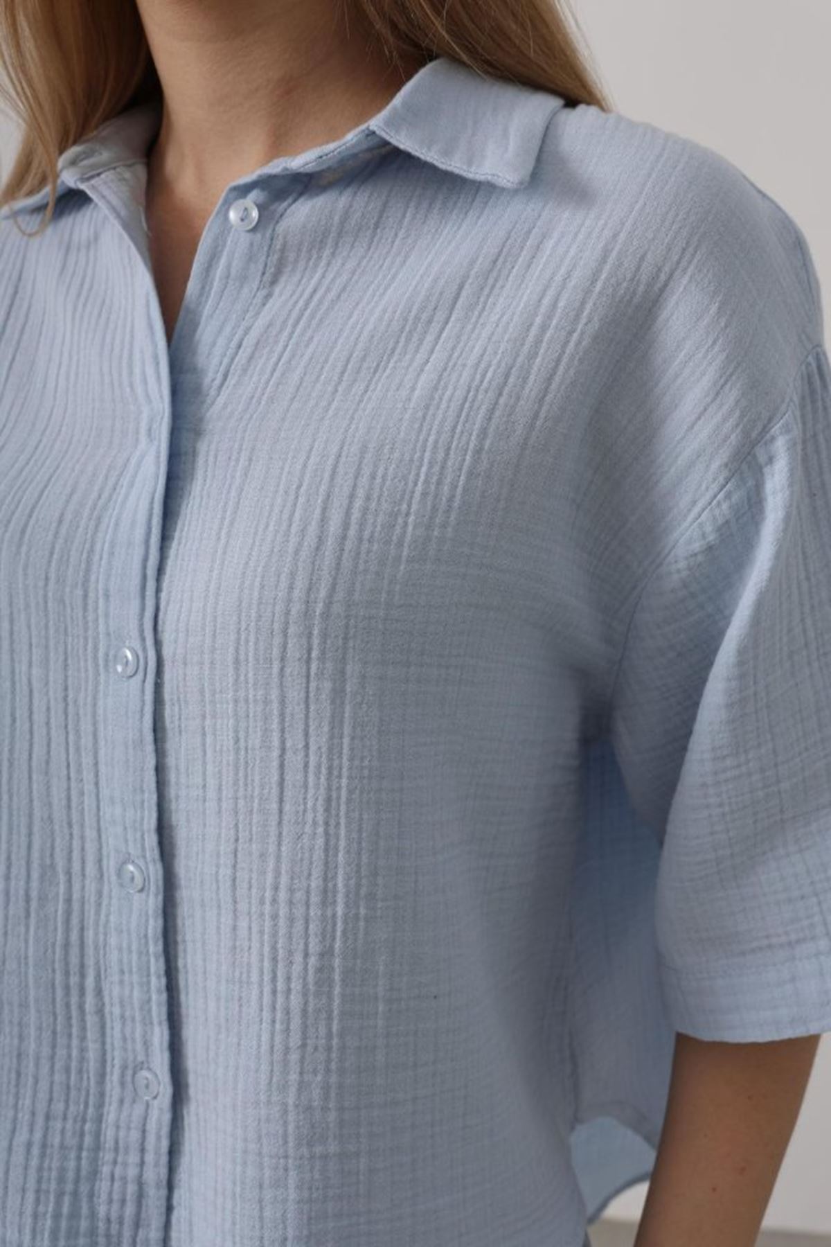 Yarım Kol Müslin Gömlek - Bebe Mavisi