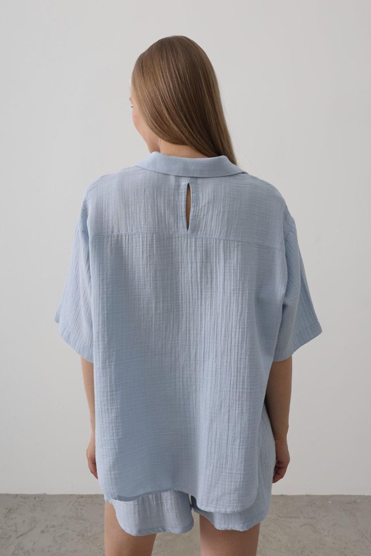 Yarım Kol Müslin Gömlek - Bebe Mavisi