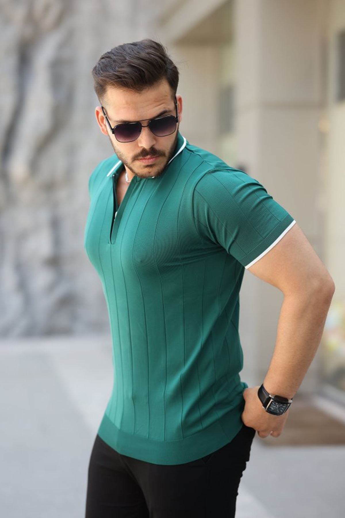 Erkek Fermuar Yakalı çizgi Dokulu Kısa Kollu Tişört