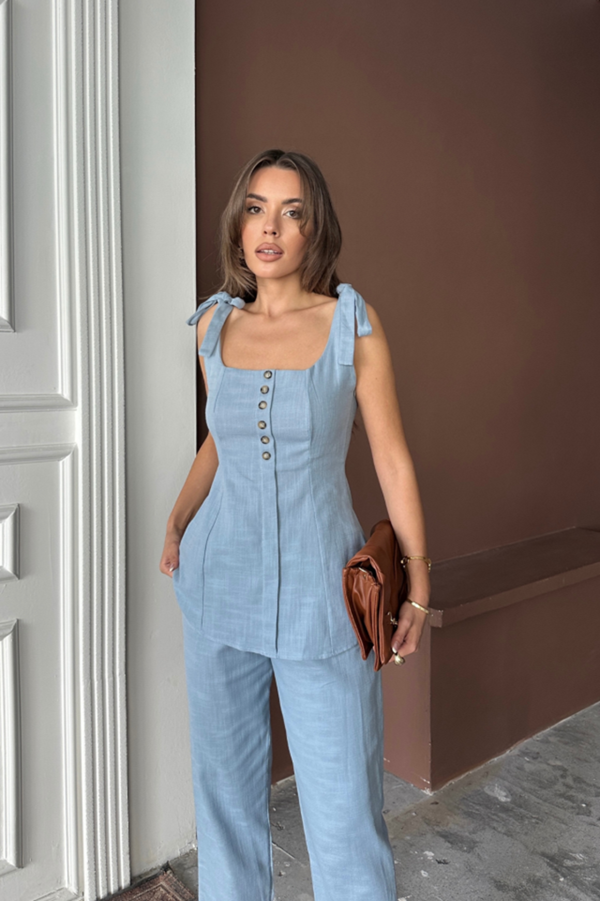 ŞANTUK KETEN YELEK GÖRÜNÜMLÜASKILI BLUZ - PANTOLON TK - Mavi