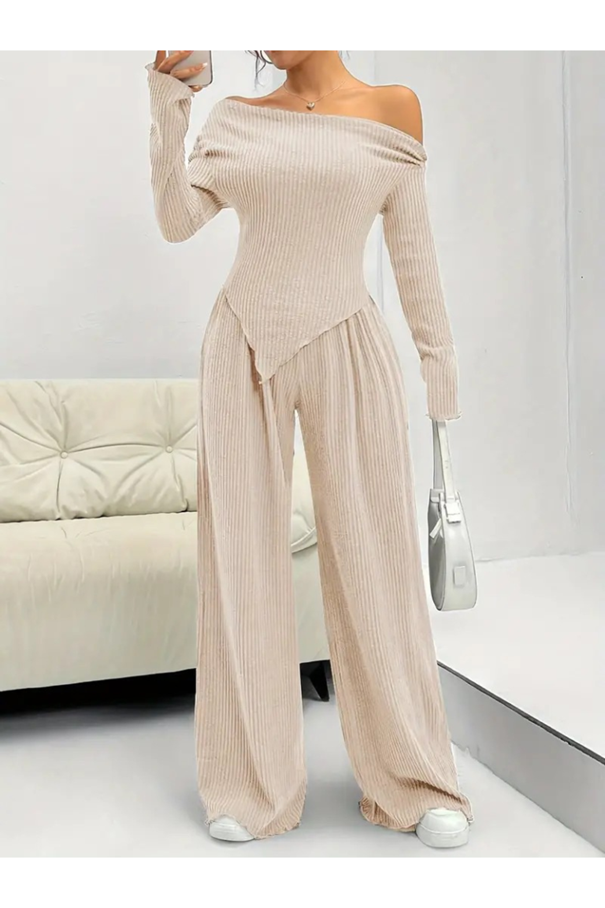 Kadın Uzun Kollu Omuzlardan Açık Asimetrik Kesim Kaşkorse Bluz Ve Pantolon Ikili Pantolon