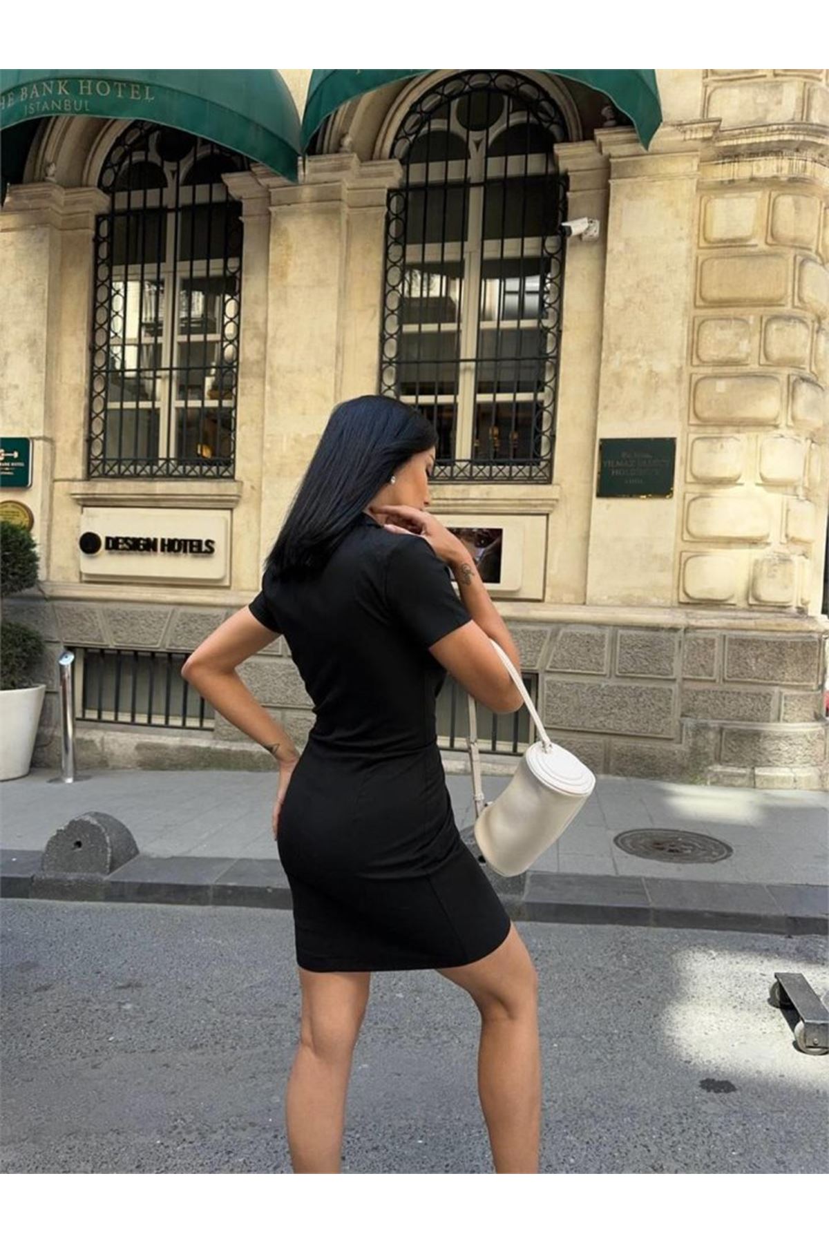 POLO YAKA YAKA KEMER DETAYLI KALEM ELBİSE - Siyah