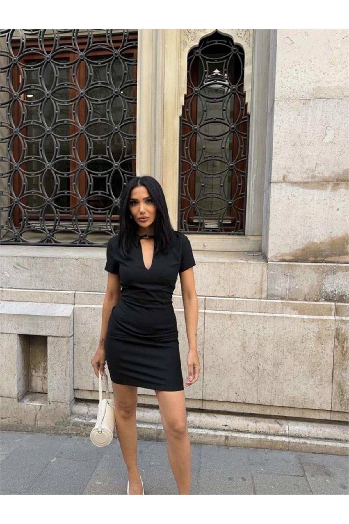 POLO YAKA YAKA KEMER DETAYLI KALEM ELBİSE - Siyah