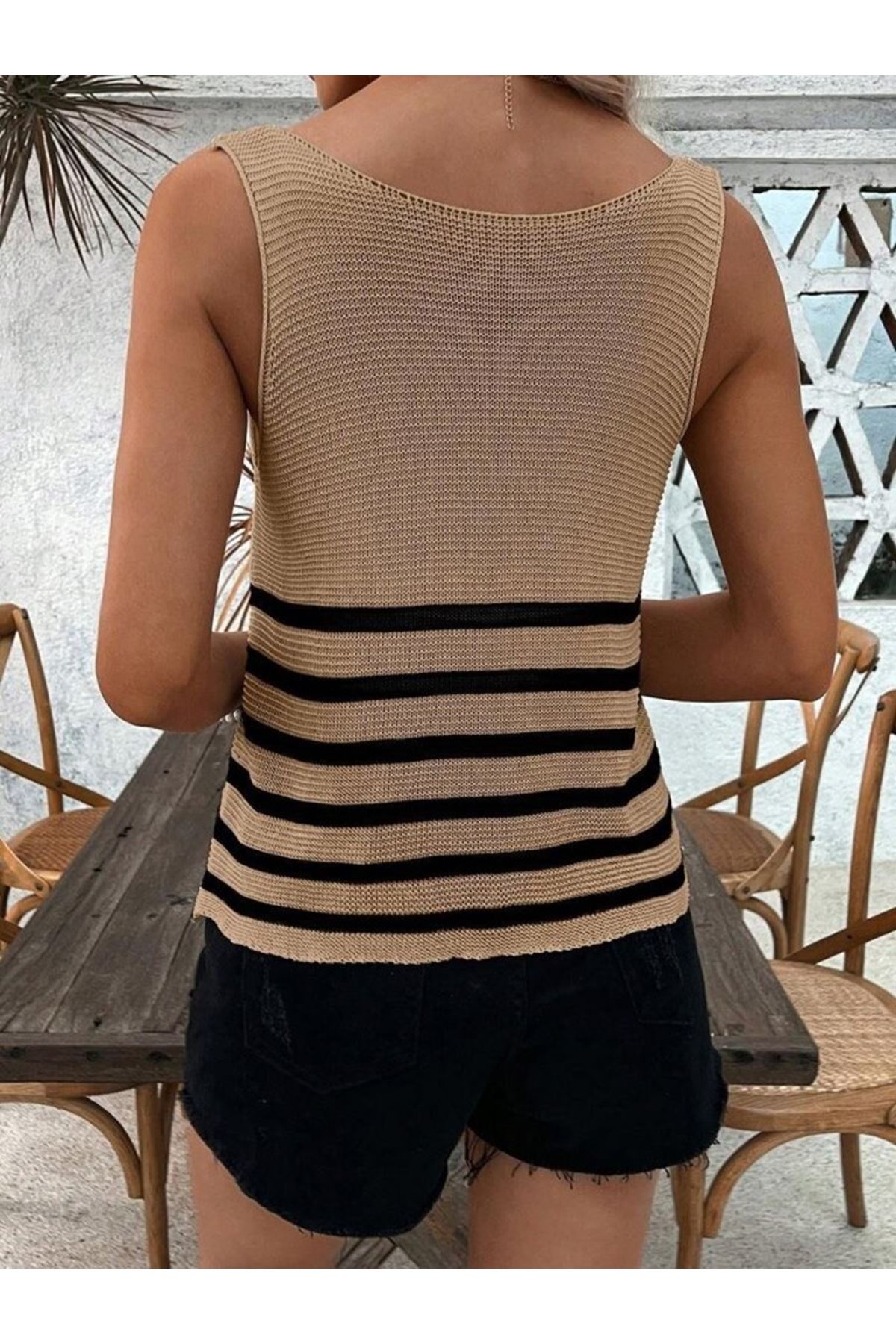 Kadın Sıfır Kol Yuvarlak Yaka şerit Detay Triko Bluz