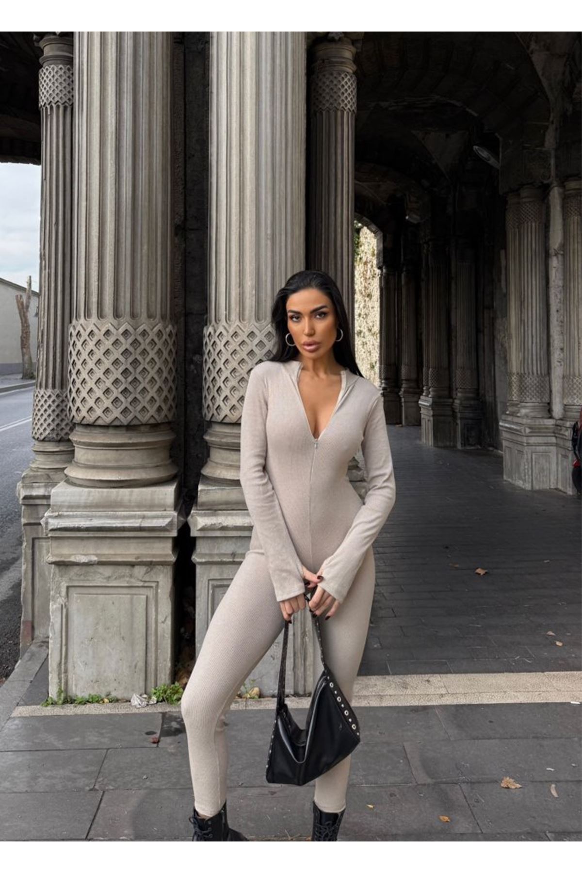 Kadın Kaşkorse Kumaş Fermuar Detaylı Tulum