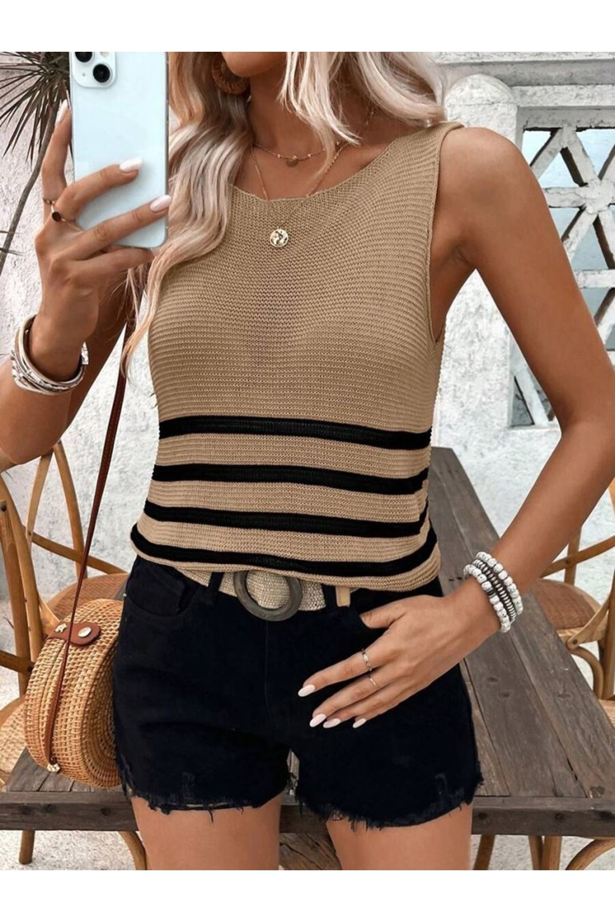 Kadın Sıfır Kol Yuvarlak Yaka şerit Detay Triko Bluz