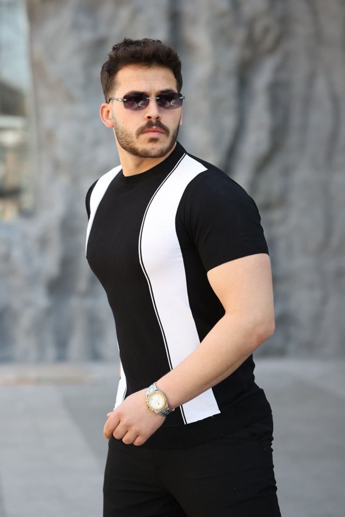 Erkek Viskon Kumaş Bisiklet Yaka çizgi Desenli Tişört