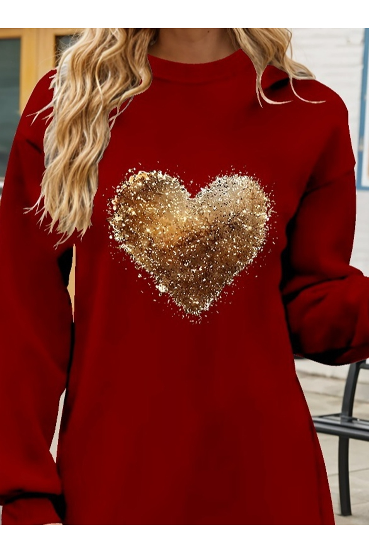 Kadın Uzun Kollu Bisiklet Yaka Kalp Desenli Viskon Iki Iplik Bluz