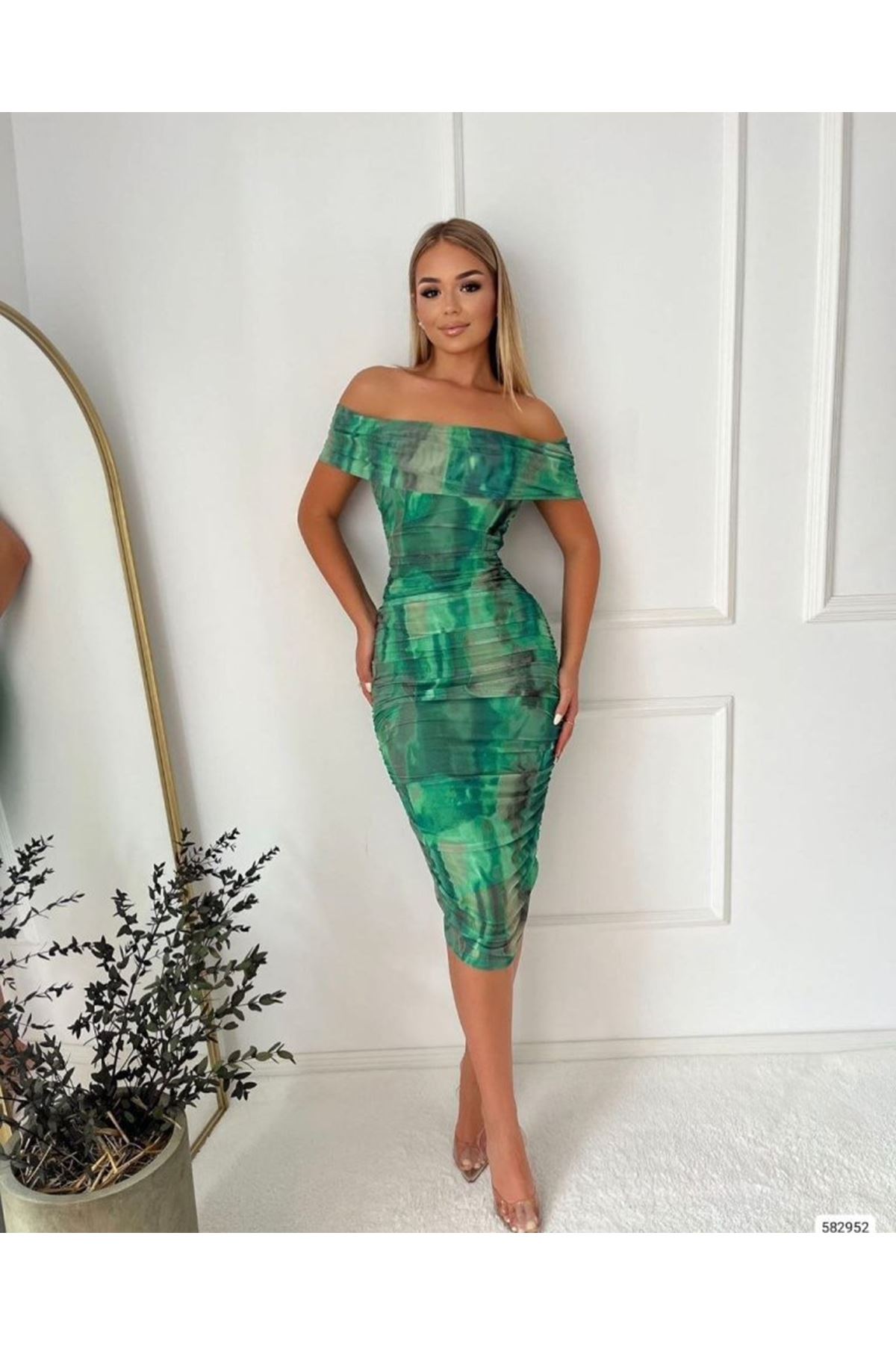 Kadın Madonna Yaka Tül Elbise