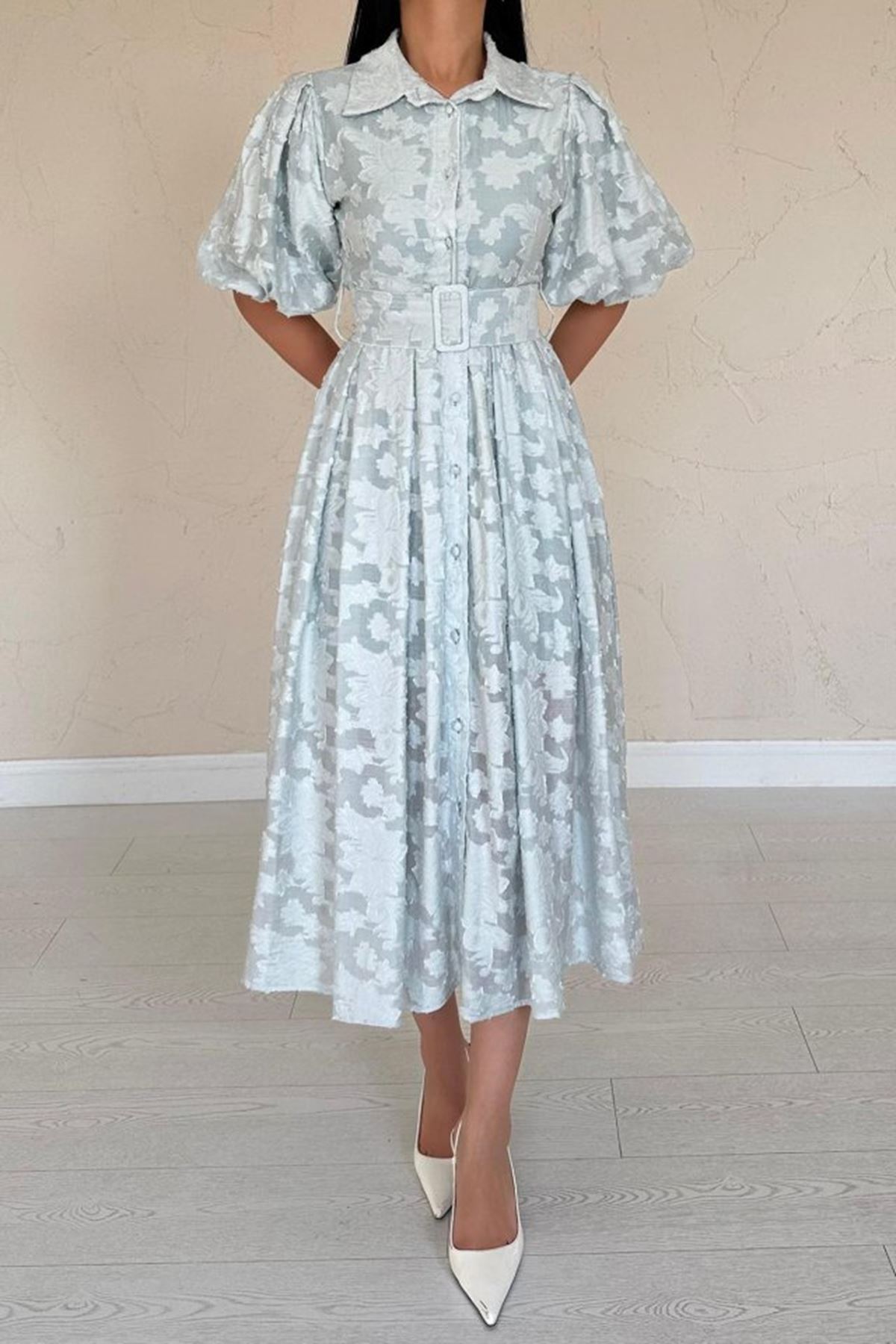 Mint Kemerli Balon Kollu Elbise