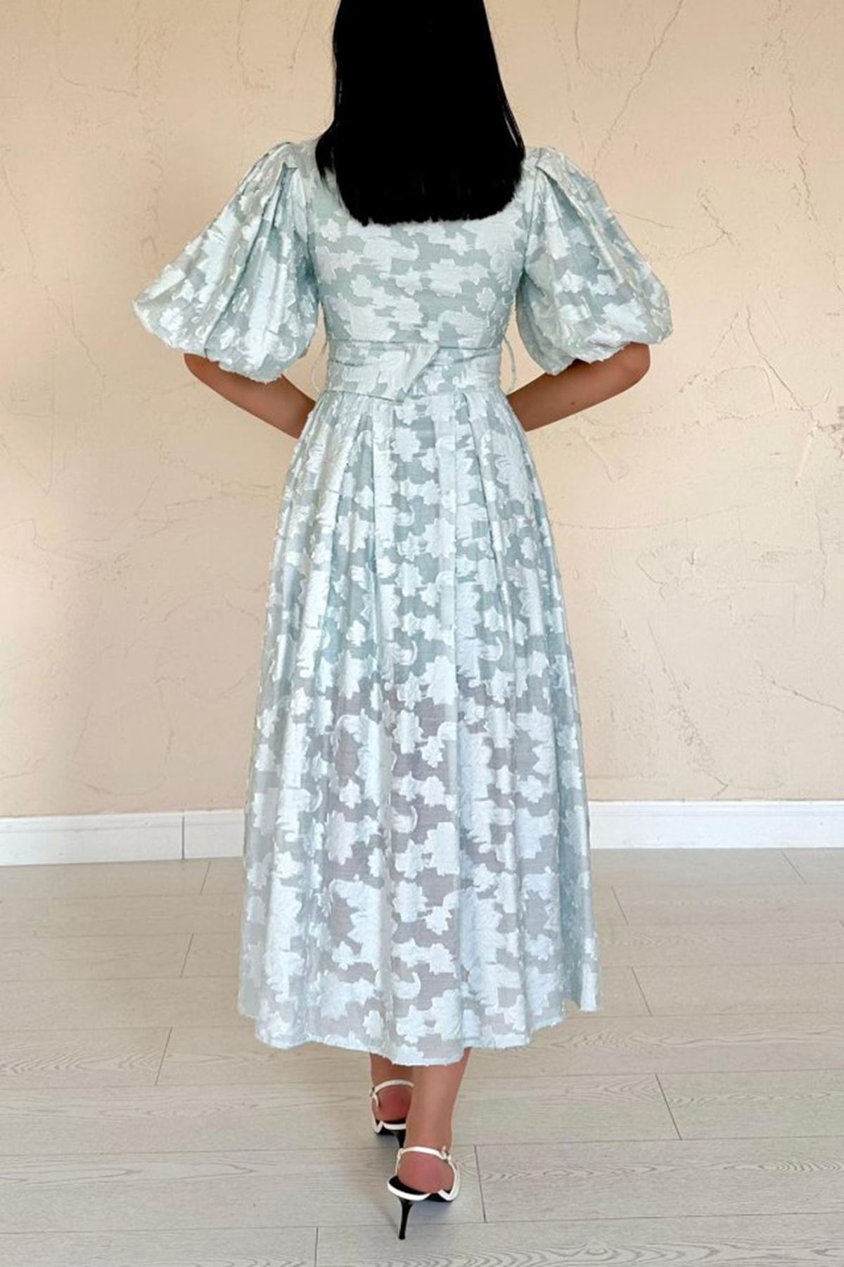 Mint Kemerli Balon Kollu Elbise