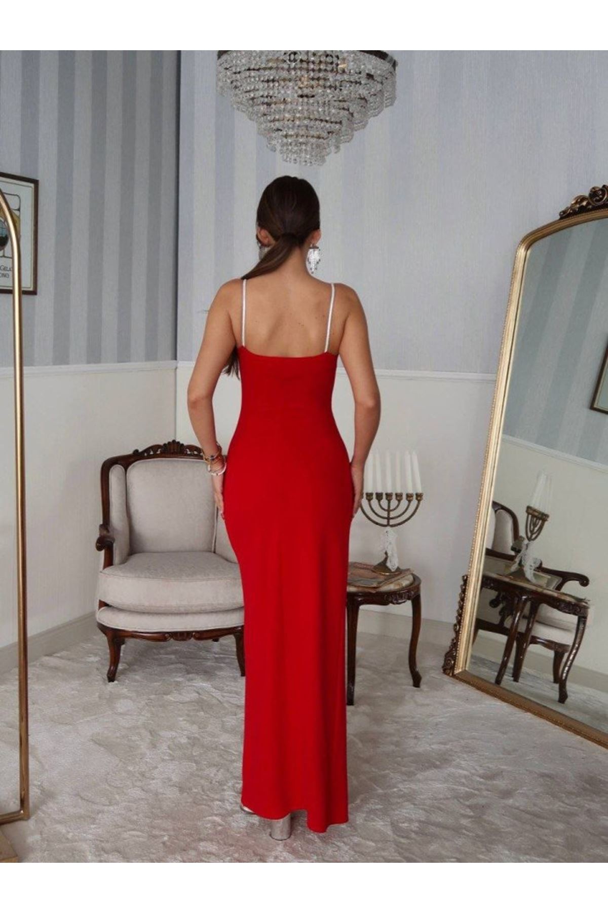 Kadın Omuz Askılı Derin Yırtmaç Detay Maxi Boy Elbise