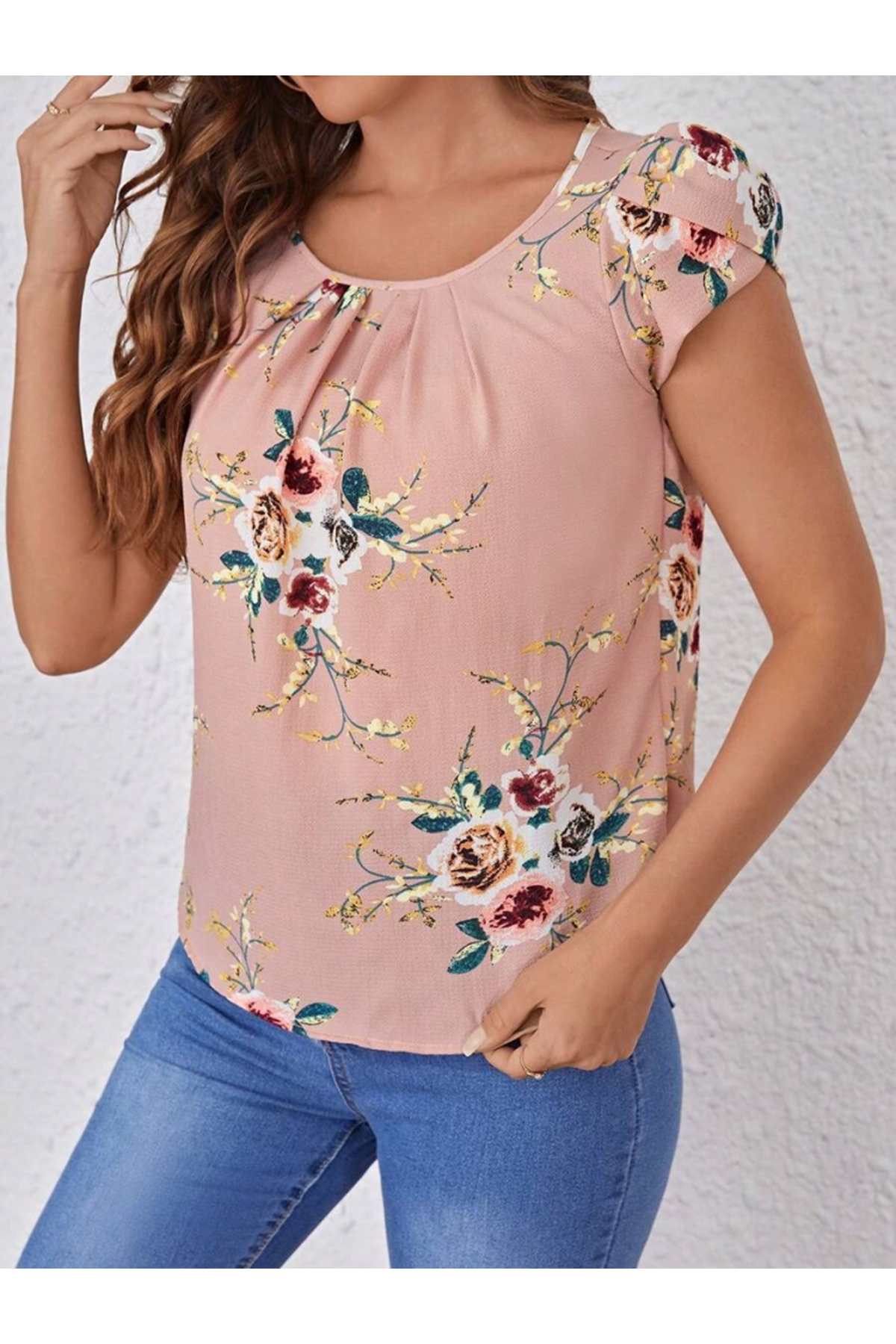 Kadın Kısa Kollu Bisiklet Yaka çiçek Baskılı Süprem Bluz