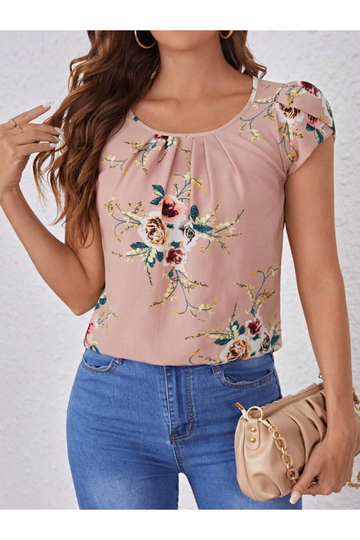 Kadın Kısa Kollu Bisiklet Yaka çiçek Baskılı Süprem Bluz