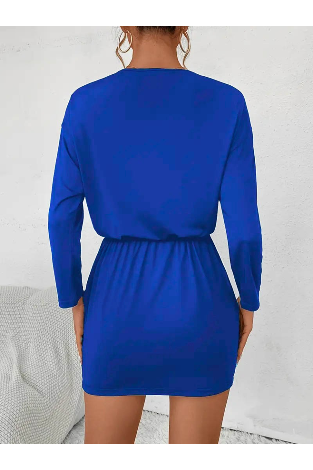 Kadın Uzun Kollu önden Fermuarlı Beli Bağcıklı Kısa Viskon Iki Iplik Elbise